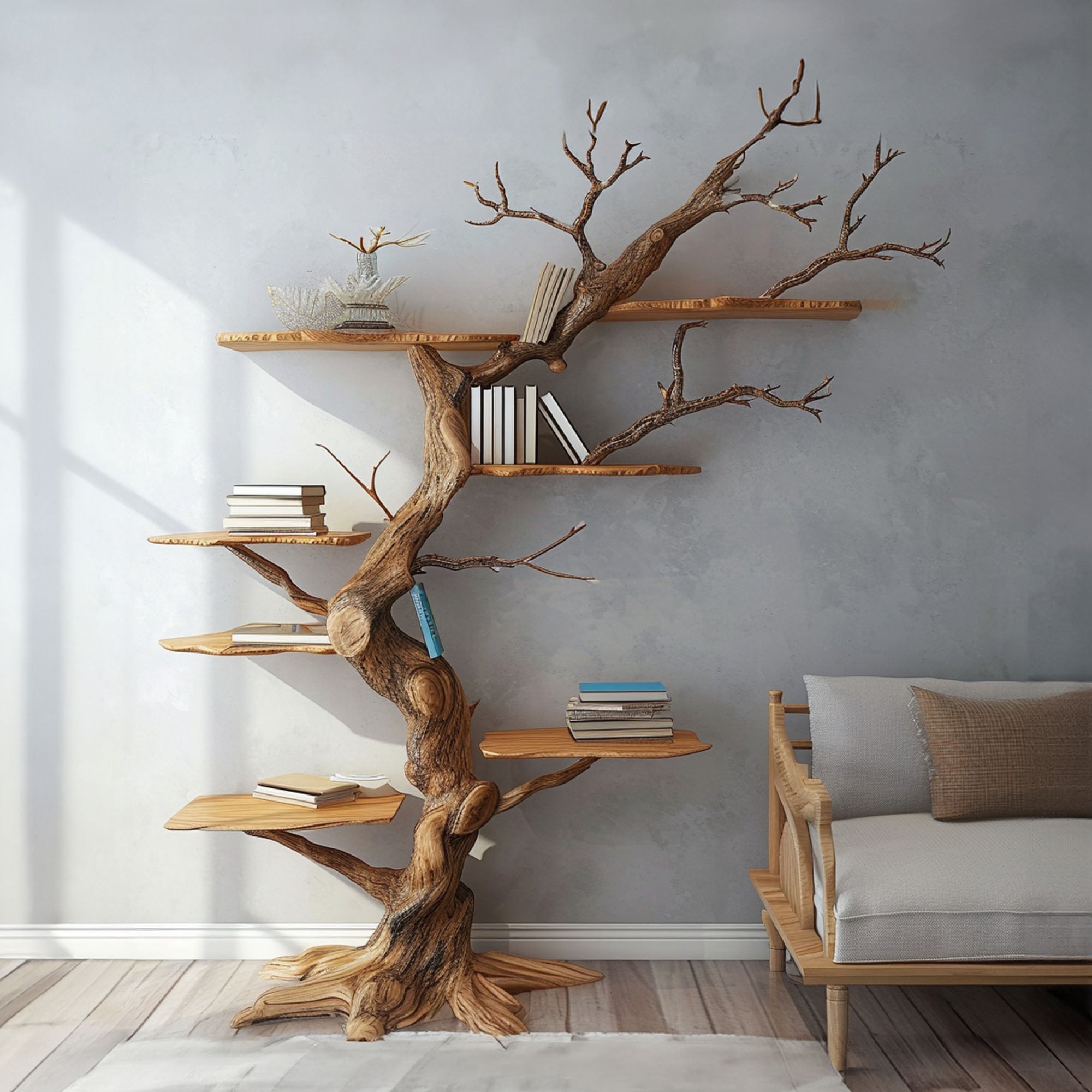 Decorative Handmade Bookcase Tree Shaped Branch, selling Wooden Nursery Storage Wooden Bookshelf