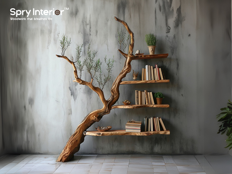 Minimalist Modern Boho Living Room - Embracing Natural Elegance with a Tree Bookshelf