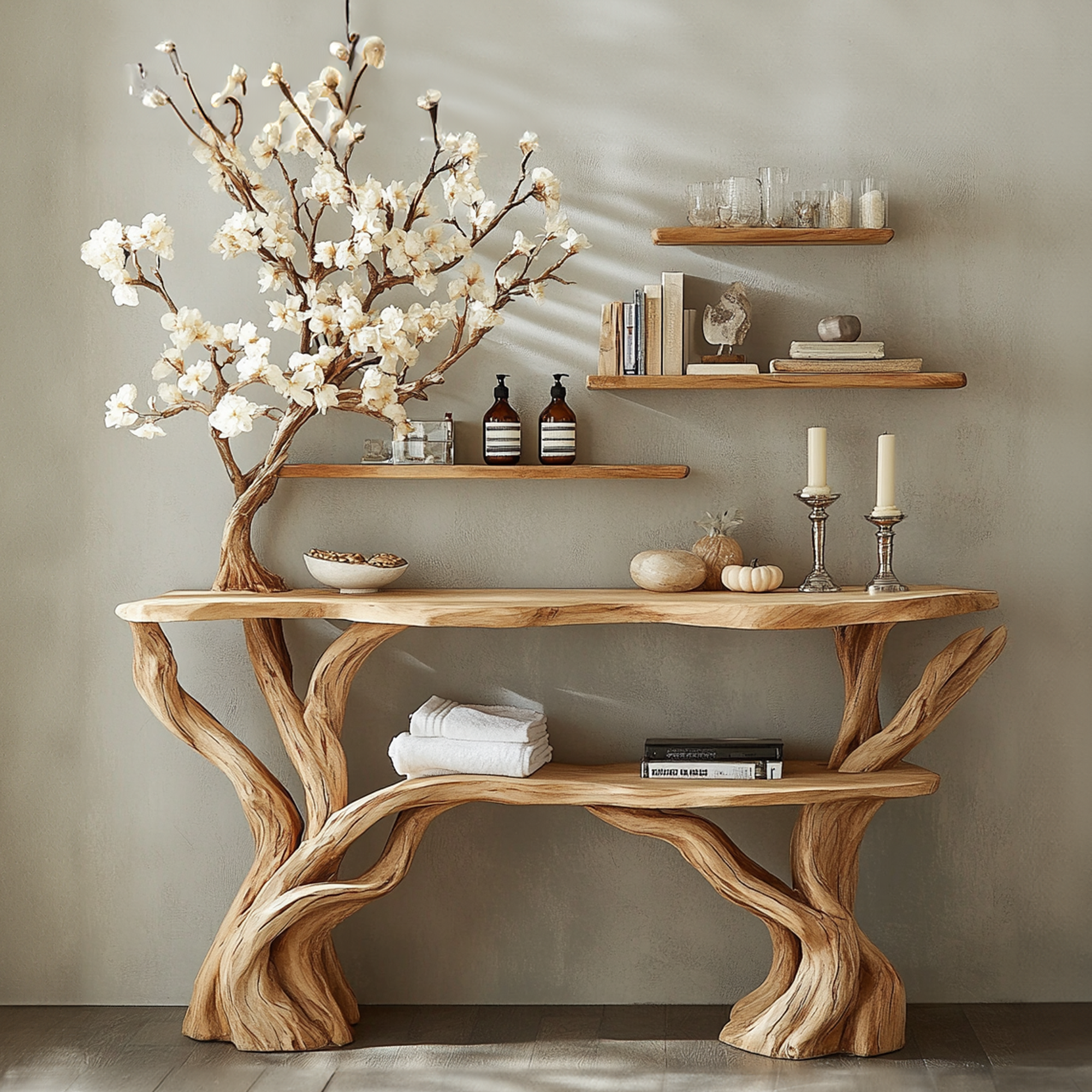 Narrow Console Table With Tree Branch Bookshelf SINLCS041