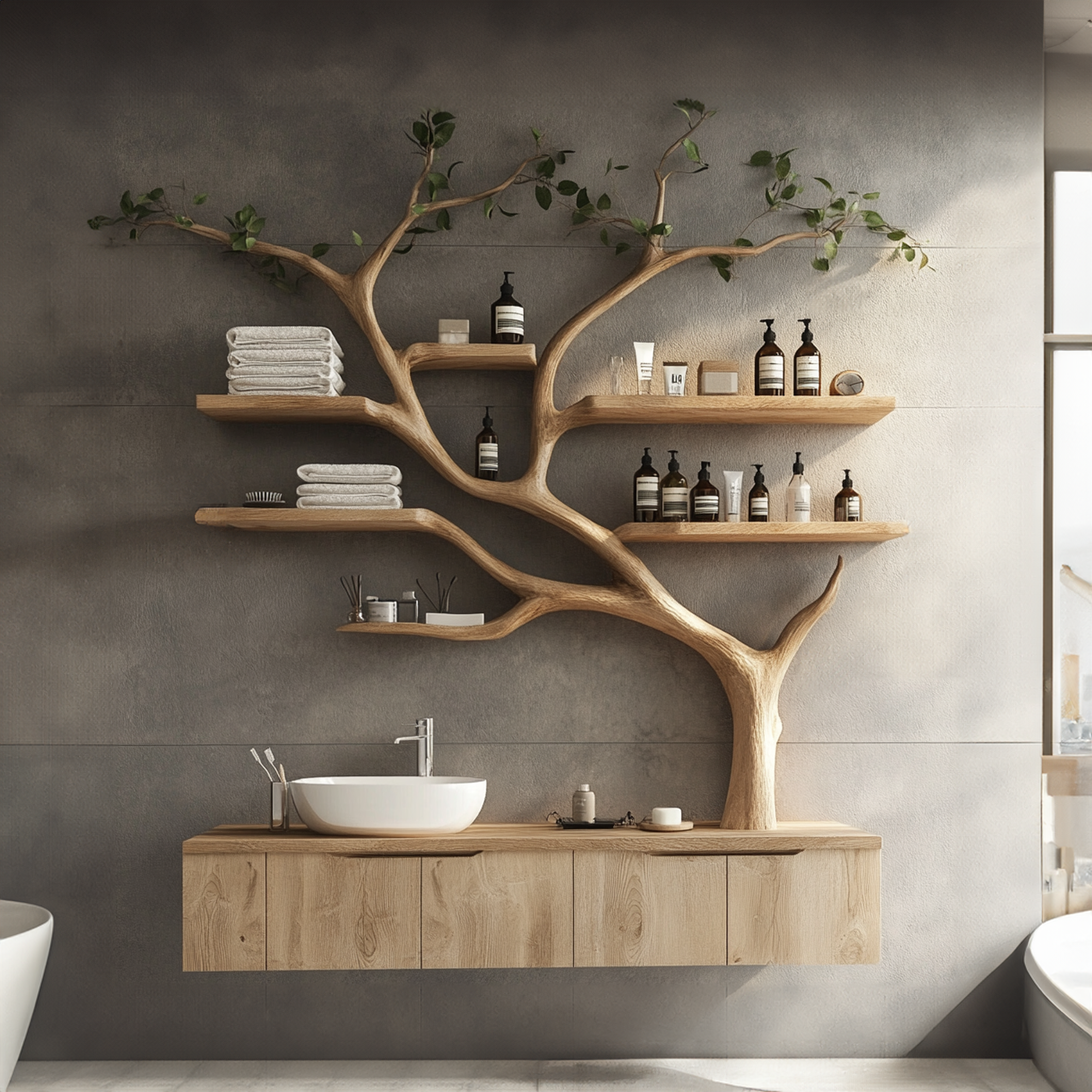 Tree Branches Rustic Bathroom Vanity With Sink Floating Shelves SINLTBB002