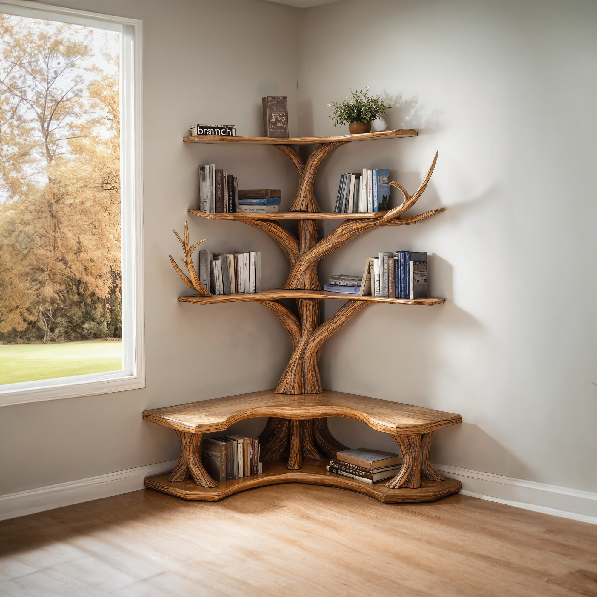 Tree Bookshelf With Corner Bench Lshaped Bench Driftwood Branch SINLTB106