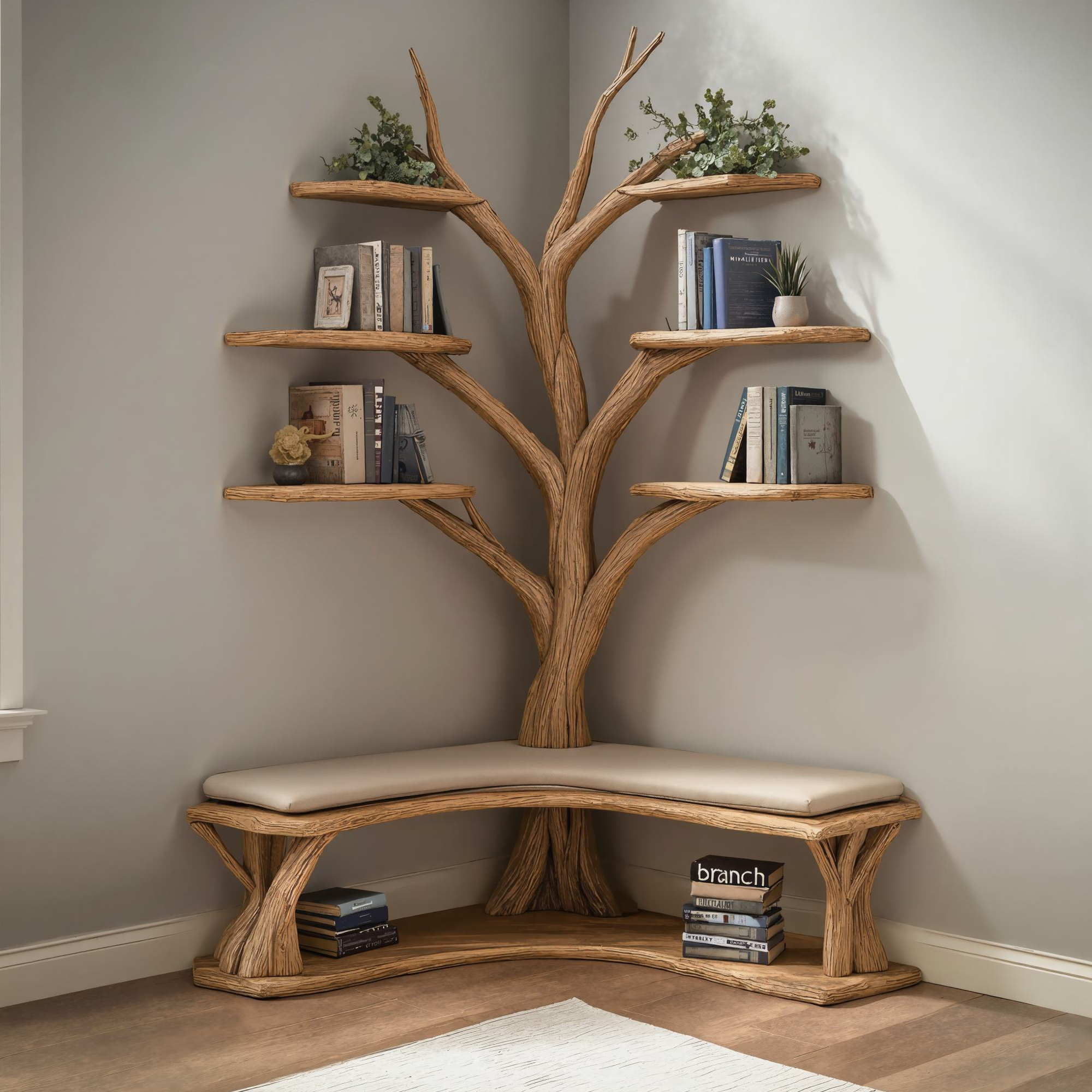 Driftwood Branch Floating Bookshelf Hall Tree With Wood Bench SINLTB107