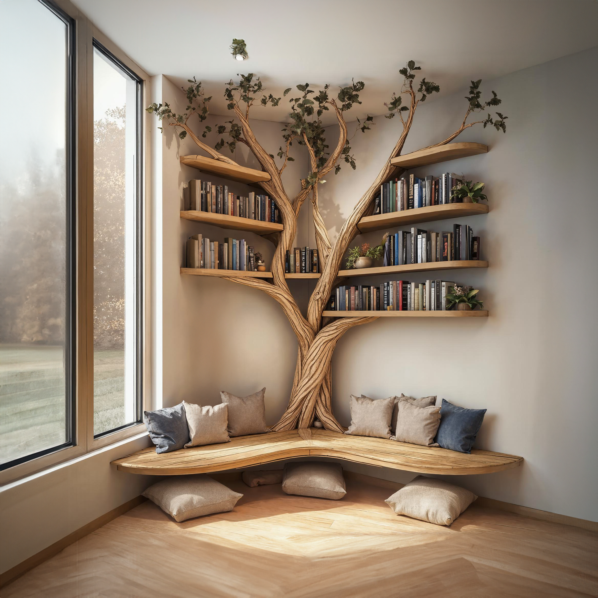 Tree Floating Corner Bookshelf With Corner Bench Lshaped Bench SINLTB110