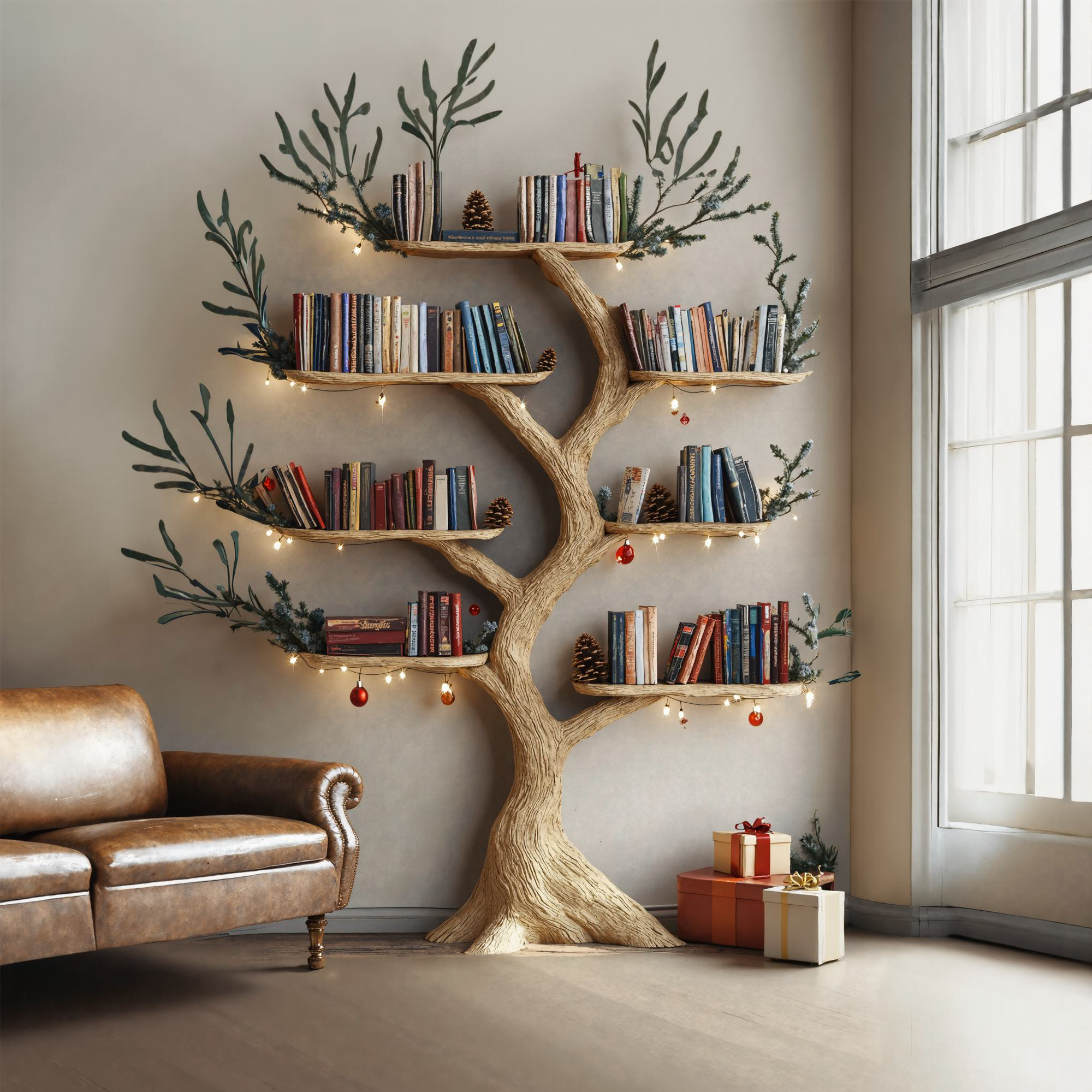 Solid Wood Tree Branch Bookcase Wall Mount Montessori SINLTB077