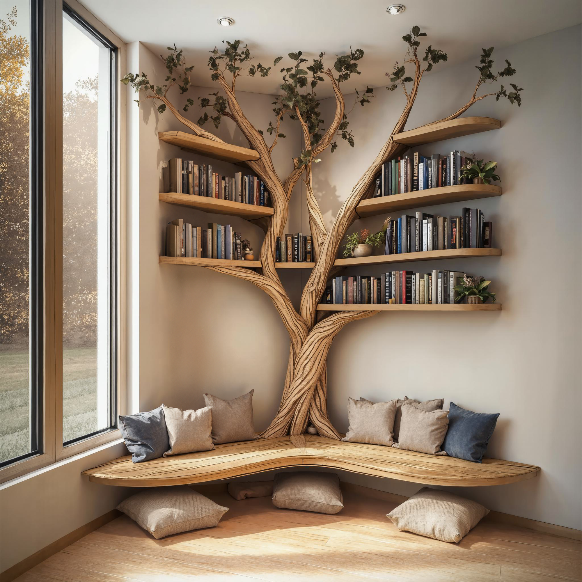 Tree Floating Corner Bookshelf With Corner Bench Lshaped Bench SINLTB110