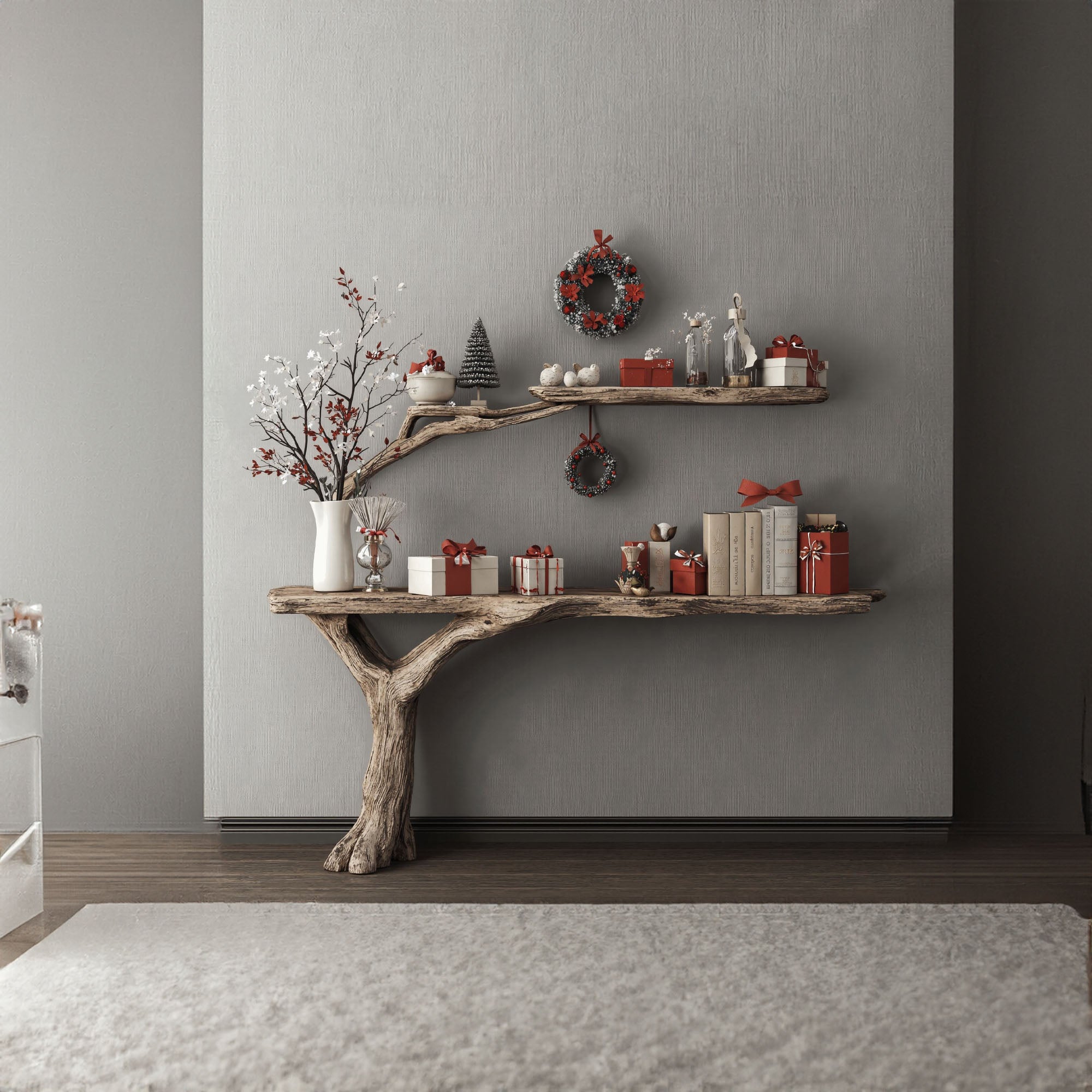 Reclaimed Wood Console Table With Tree Bookshelf SINLCM002