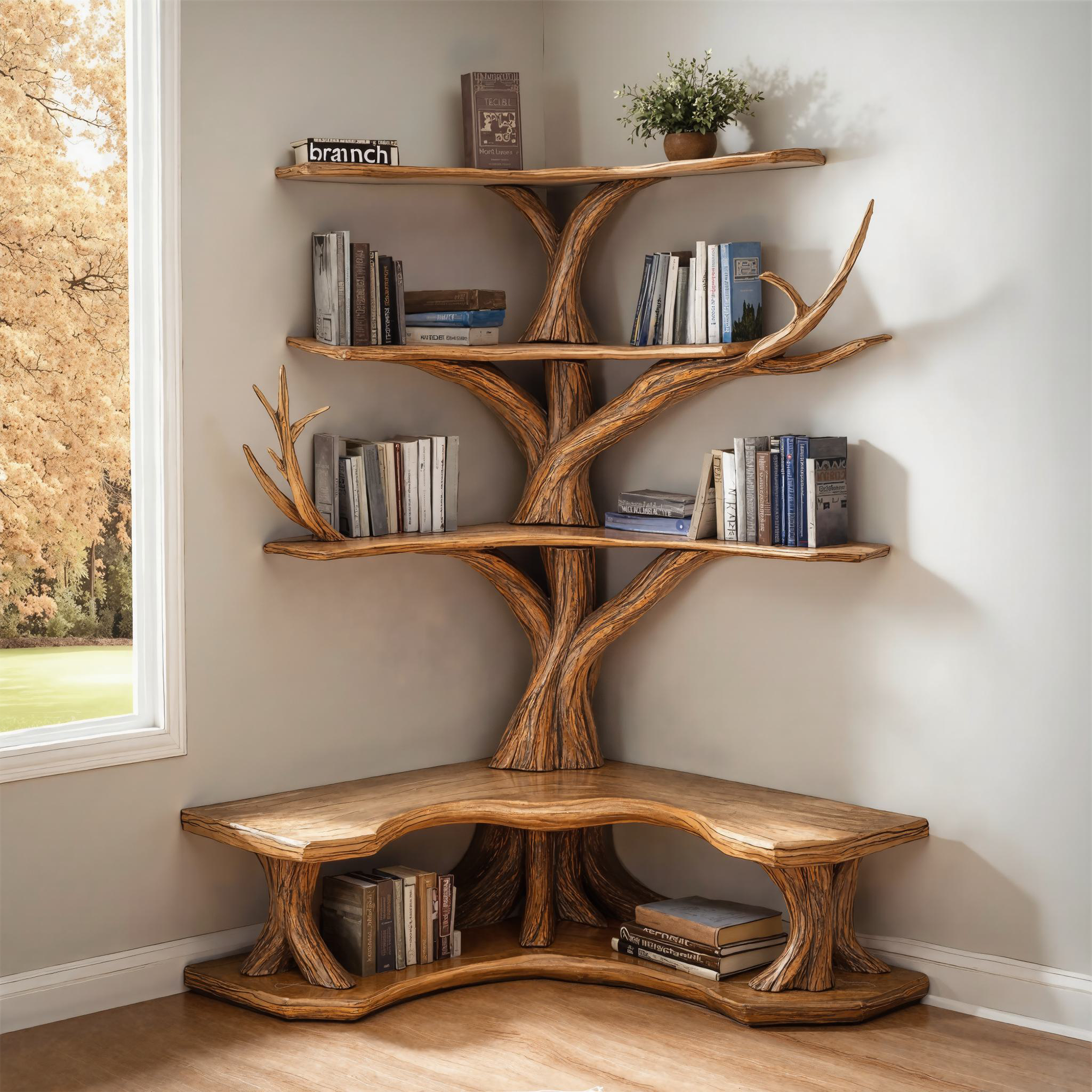 Tree Bookshelf With Corner Bench Lshaped Bench Driftwood Branch SINLTB106