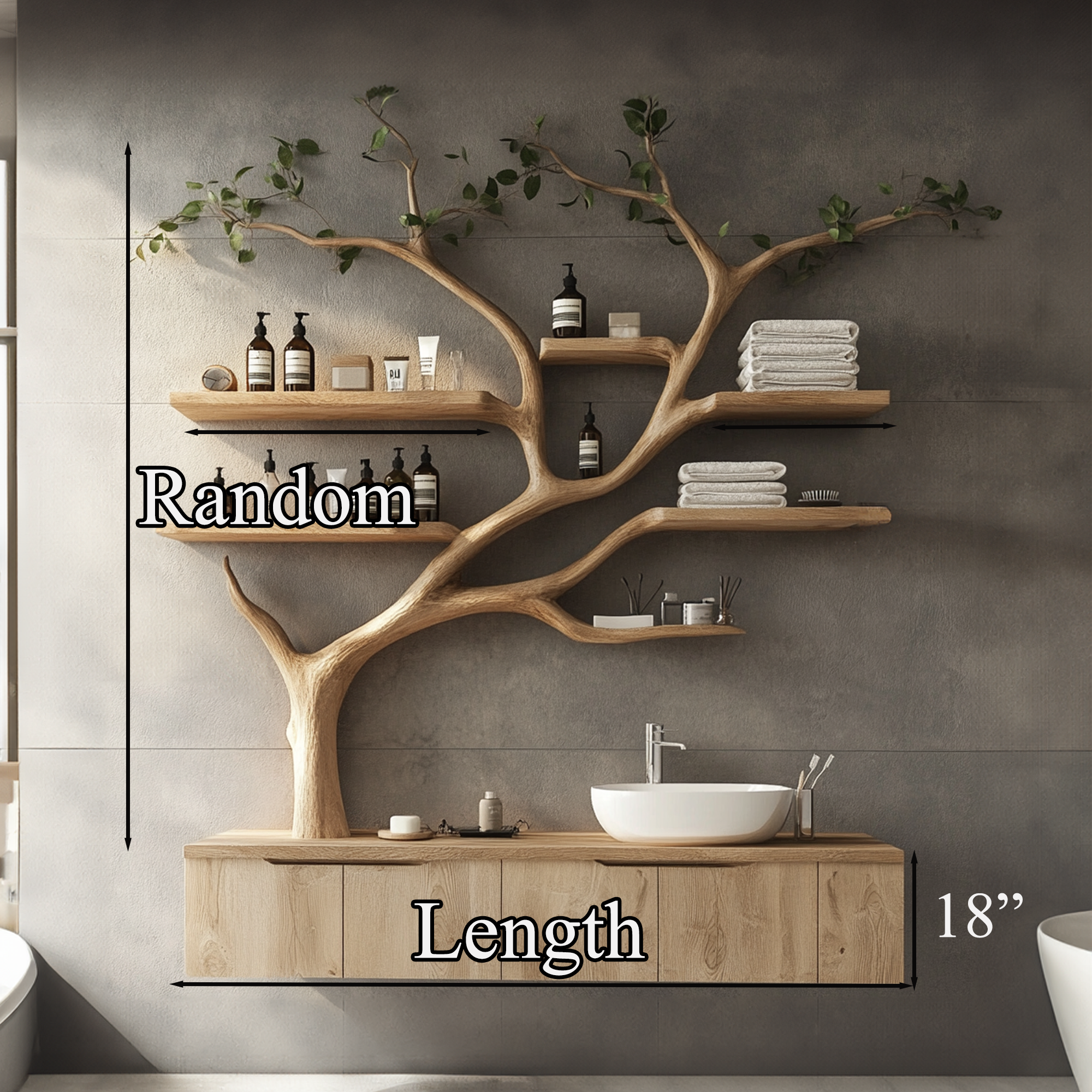 Tree Branches Rustic Bathroom Vanity With Sink Floating Shelves SINLTBB002