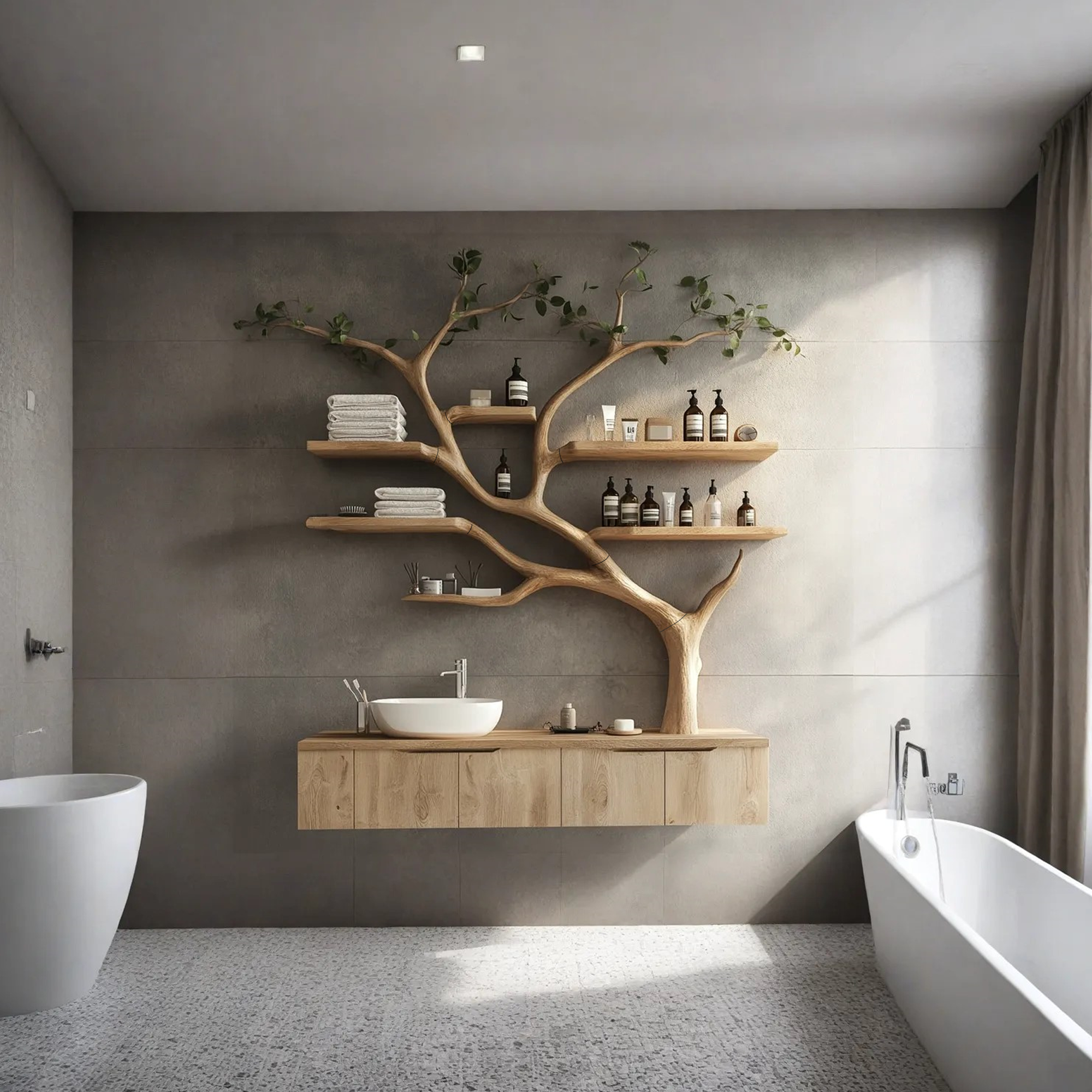 Tree Branches Rustic Bathroom Vanity With Sink Floating Shelves SINLTBB002