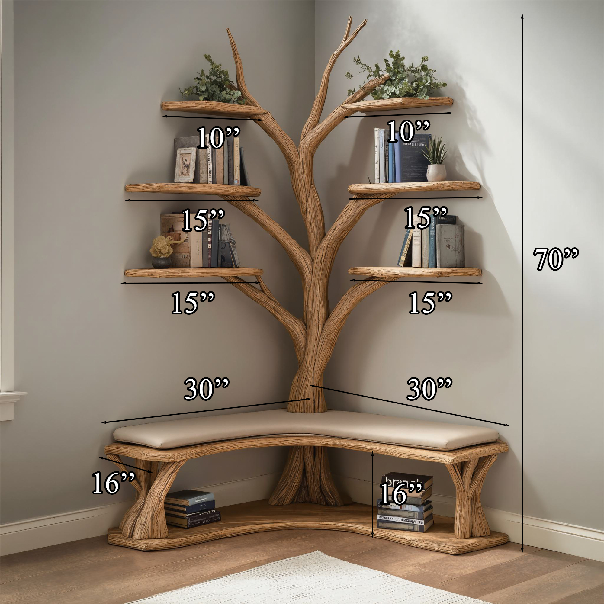 Driftwood Branch Floating Bookshelf Hall Tree With Wood Bench SINLTB107