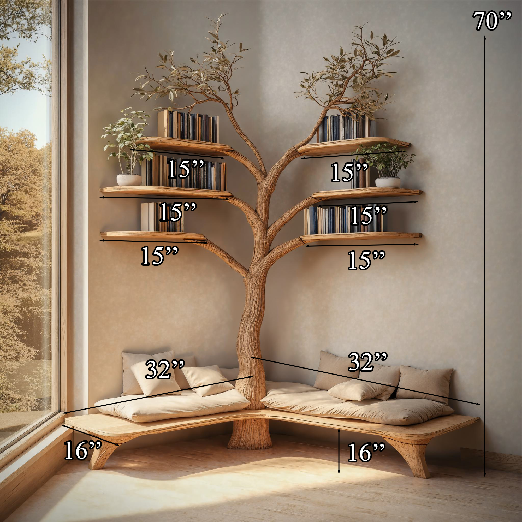 Tree Branch Floating Corner Shelf With Entryway Bench SINLTB109