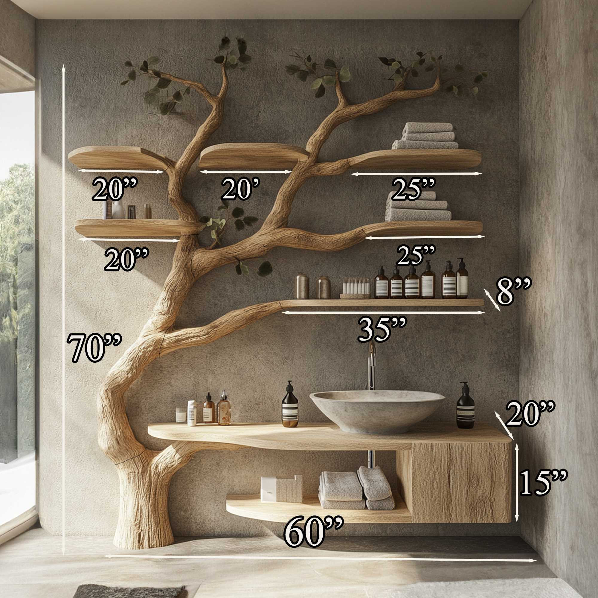 Wood Vanity With Mini Sink Floating Shelves Tree Branches SINLTBB001