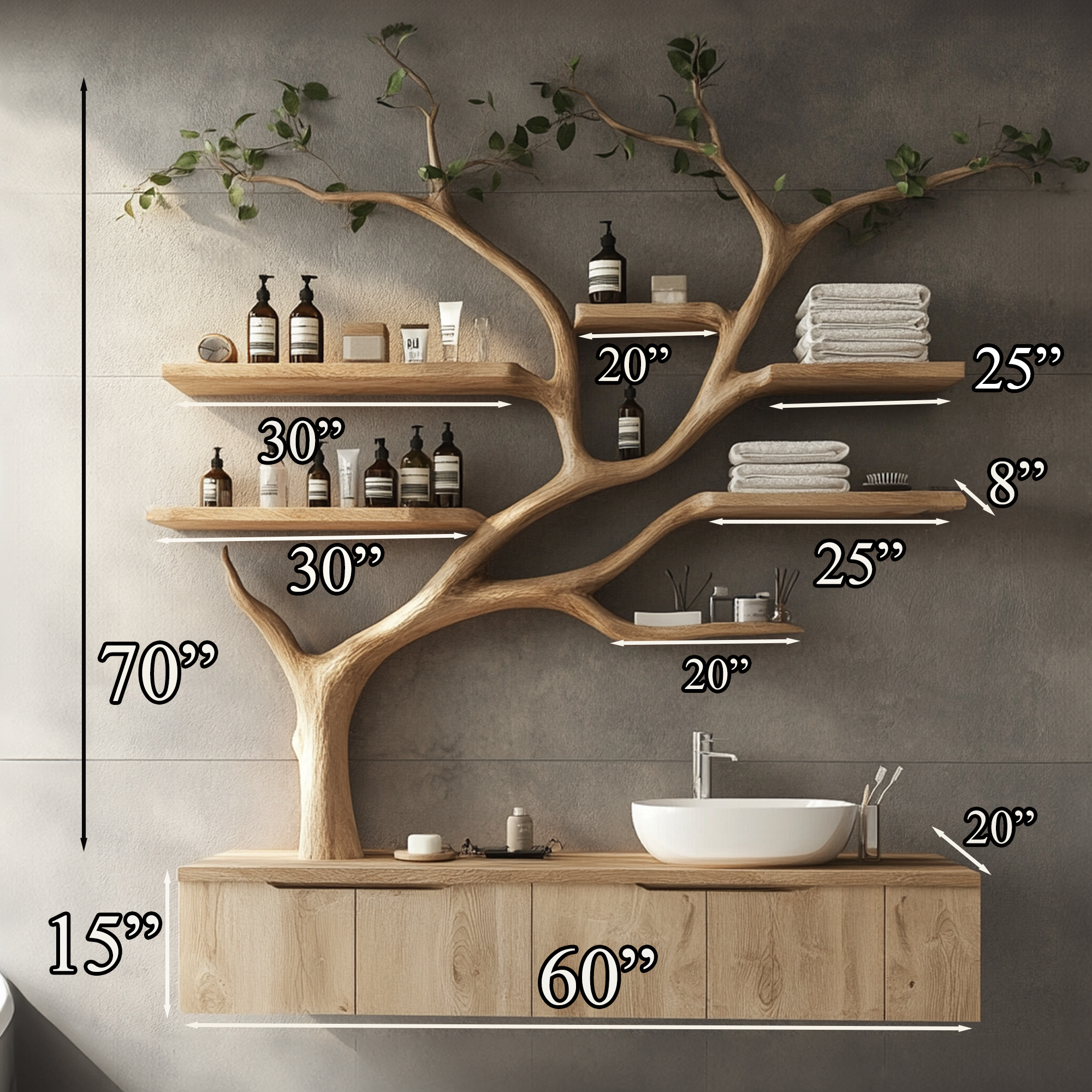 Tree Branches Rustic Bathroom Vanity With Sink Floating Shelves SINLTBB002