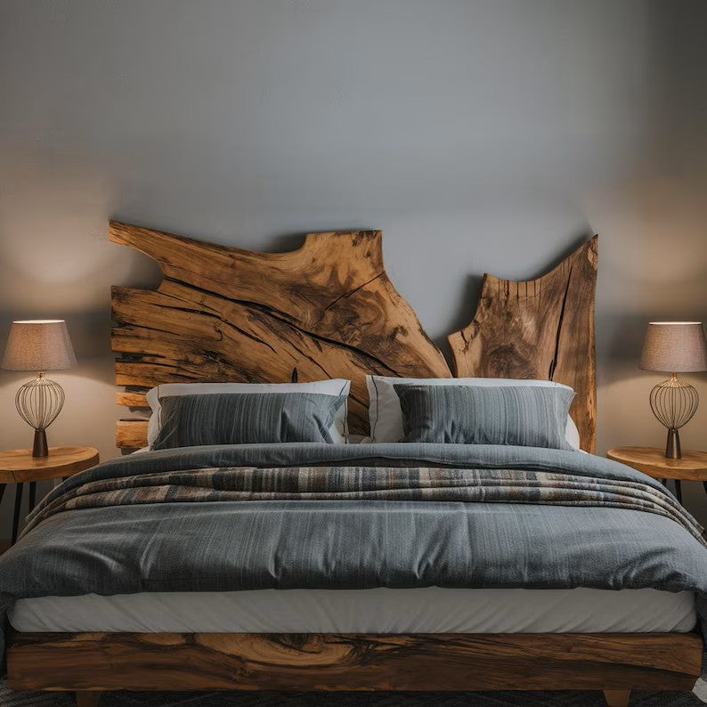 Handcrafted Natural Wood Bed With Live Edge Headboard For Elegant Bedroom Décor SITHHB001