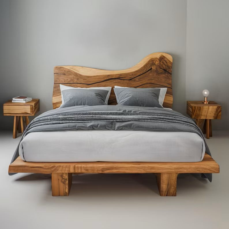 Handcrafted Natural Wood Bed With Live Edge Headboard For Elegant Bedroom Décor SITHHB001