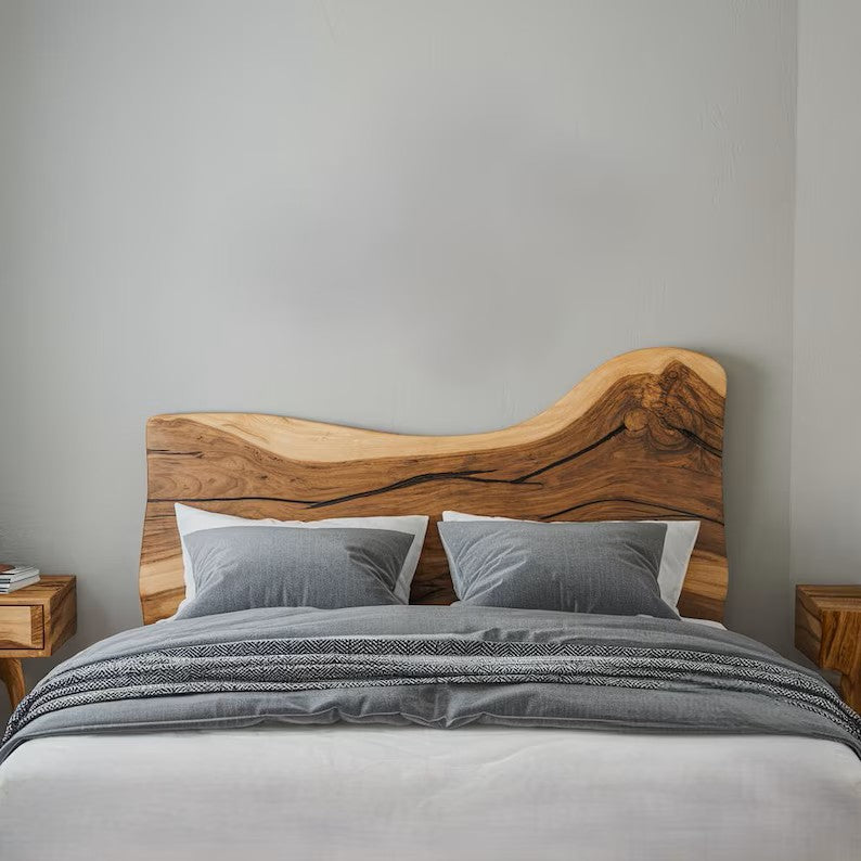 Handcrafted Natural Wood Bed With Live Edge Headboard For Elegant Bedroom Décor SITHHB001