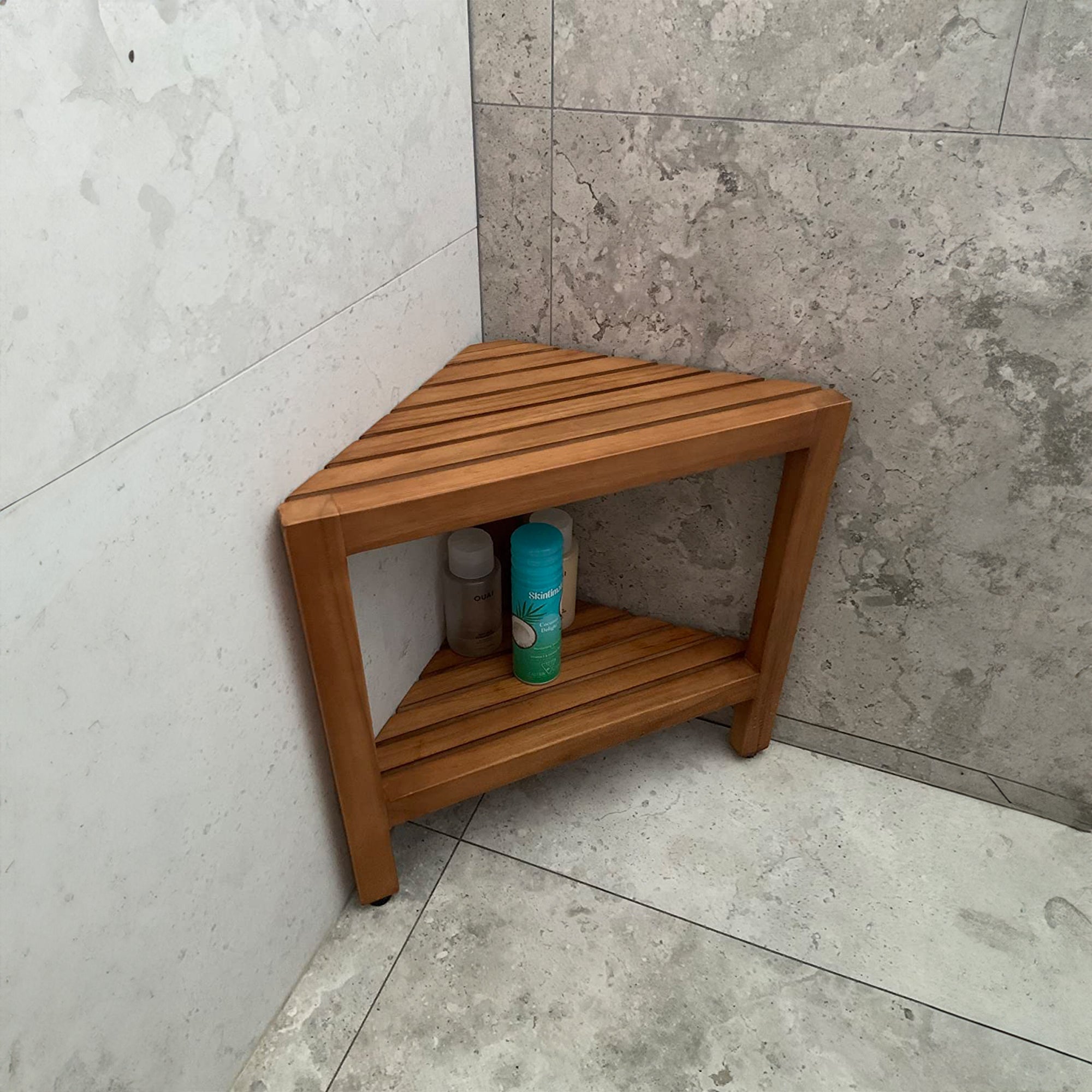 Wood Shower Bench Shower Stool With Shelf SILDTSB003