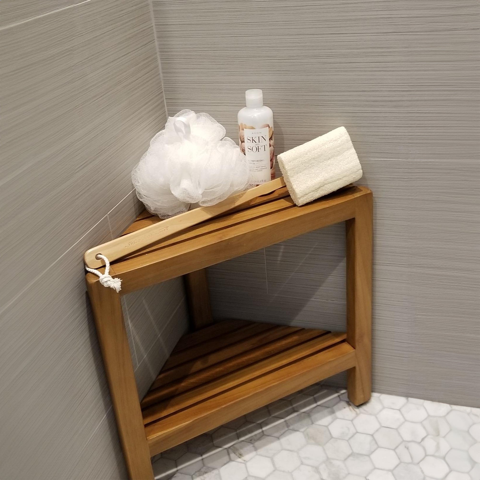 Wood Shower Bench Shower Stool With Shelf SILDTSB003