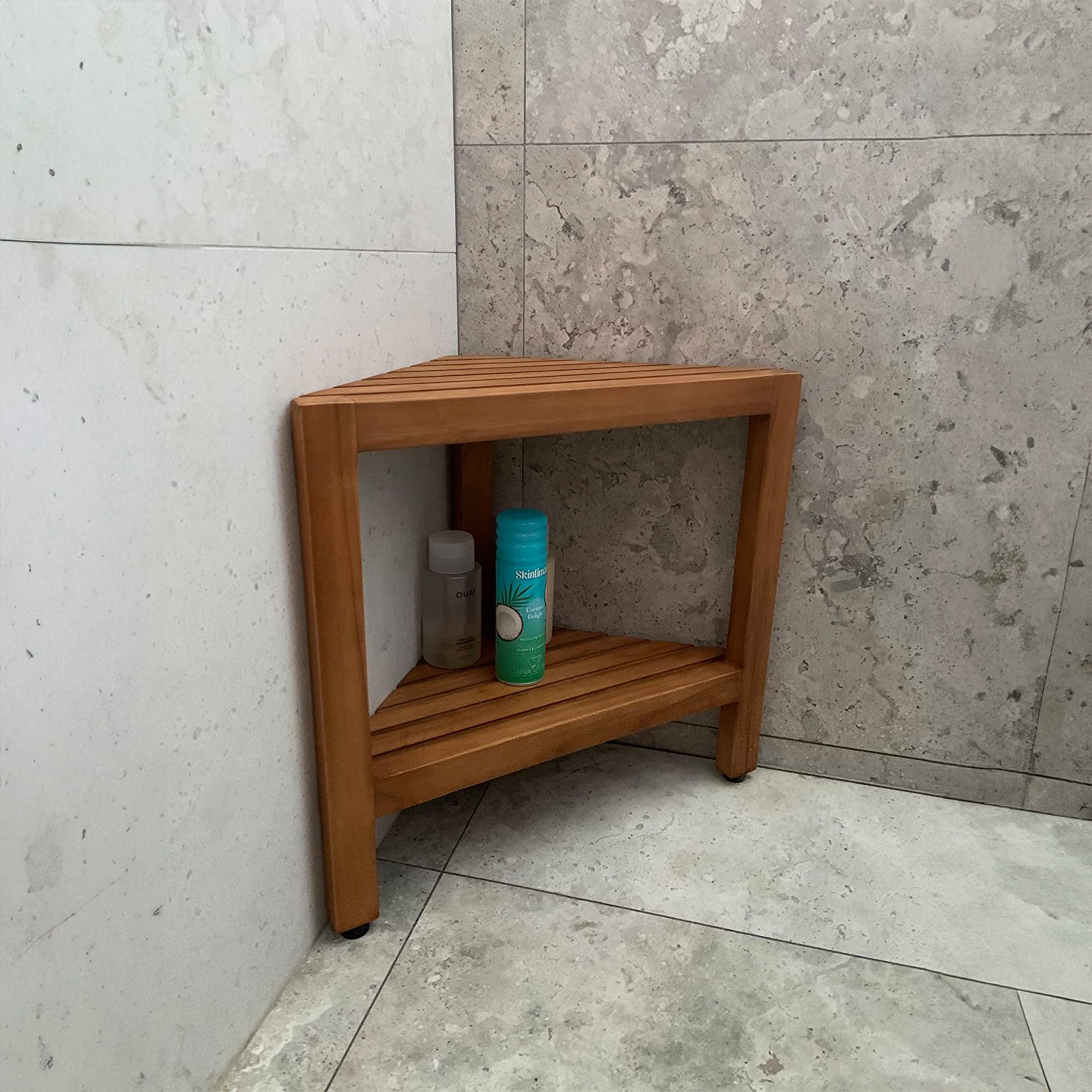 Wood Shower Bench Shower Stool With Shelf SILDTSB003