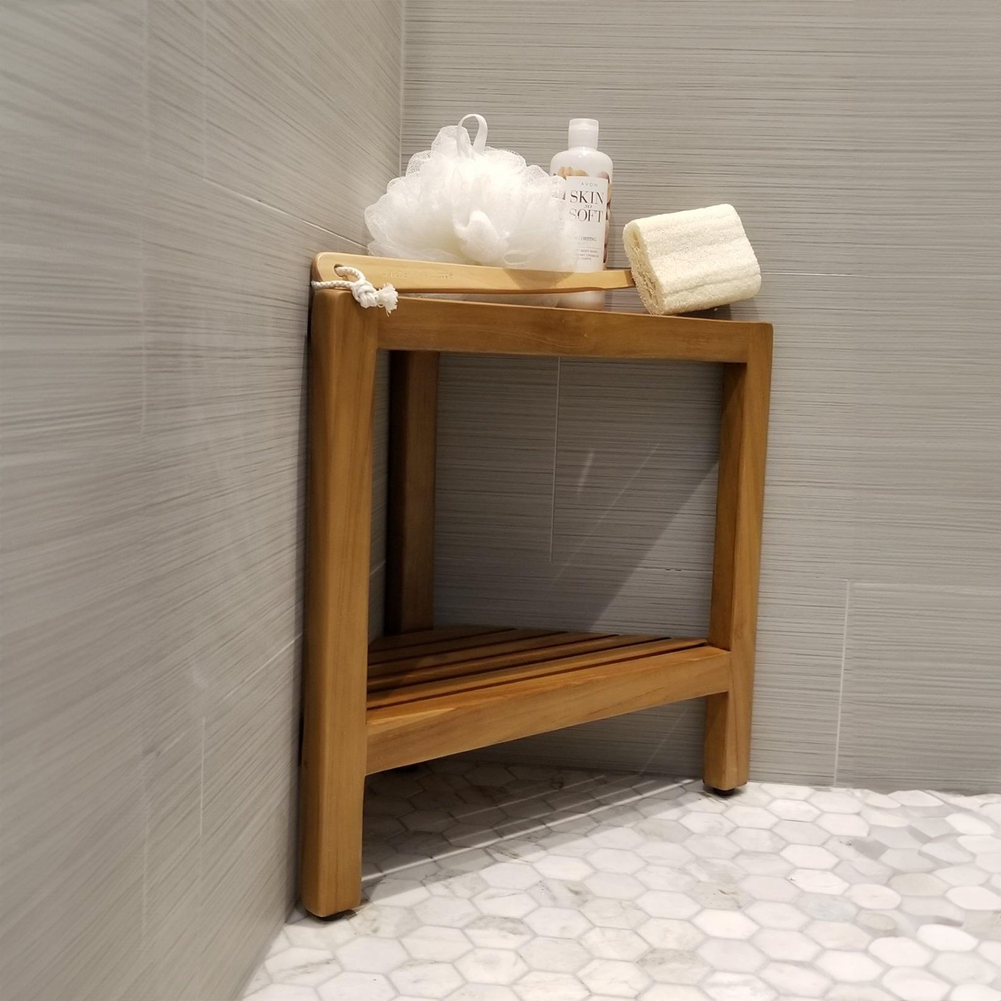 Wood Shower Bench Shower Stool With Shelf SILDTSB003