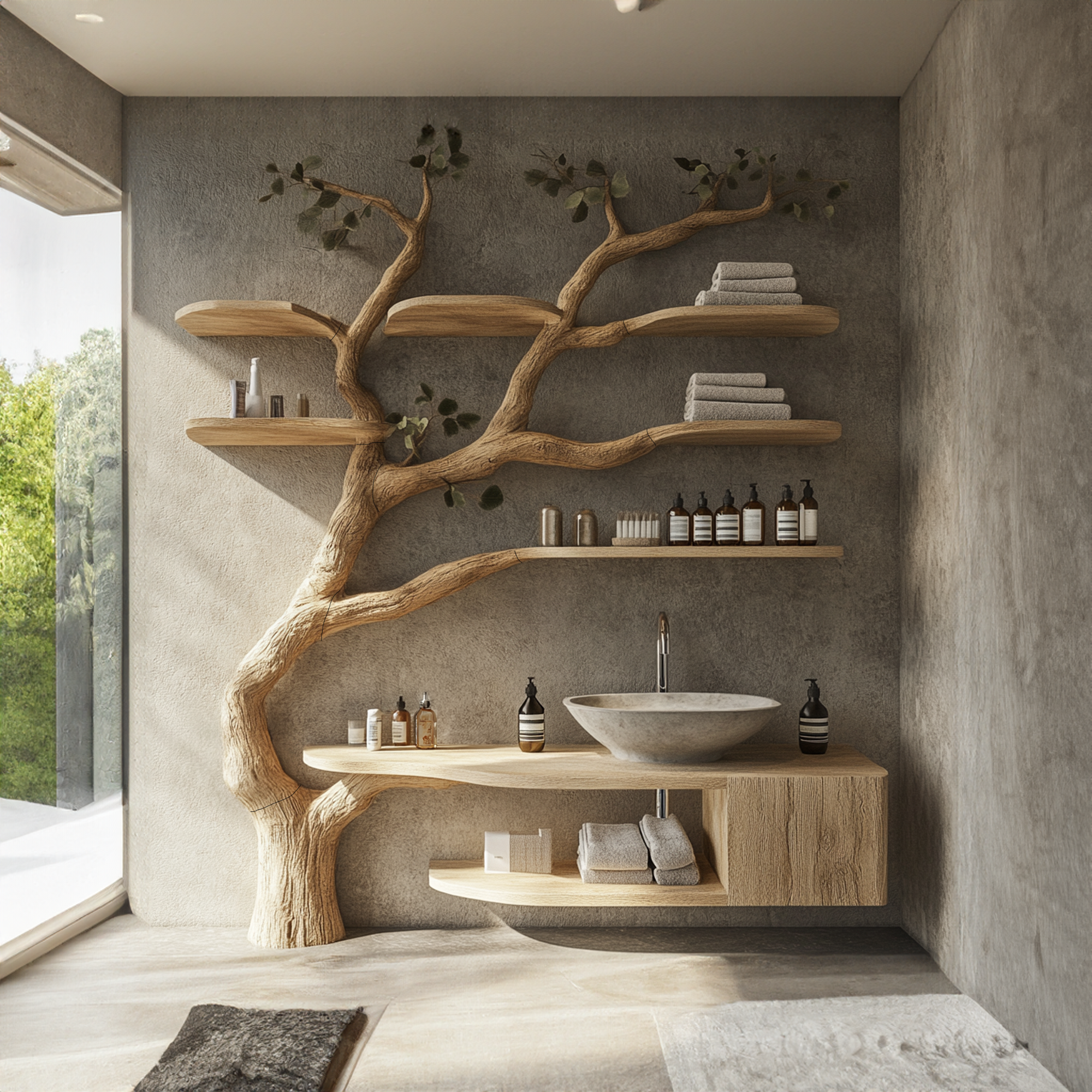 Wood Vanity With Mini Sink Floating Shelves Tree Branches SINLTBB001