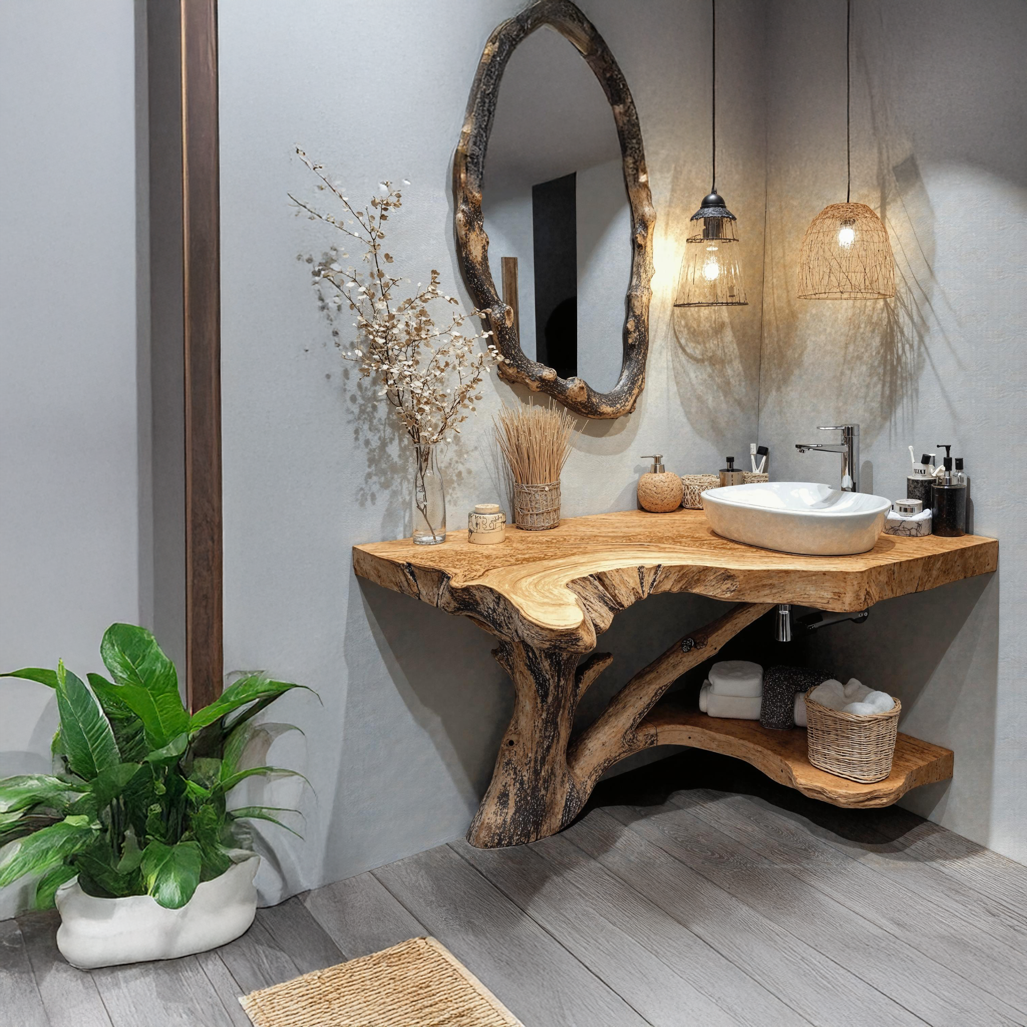 Natural Wood Corner Bathroom Vanity With Storage Underneath SILDTBRV174