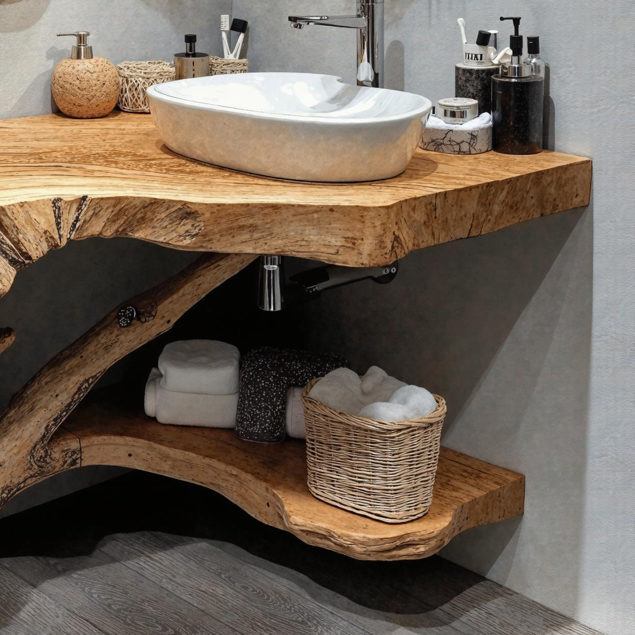 Natural Wood Corner Bathroom Vanity With Storage Underneath SILDTBRV174