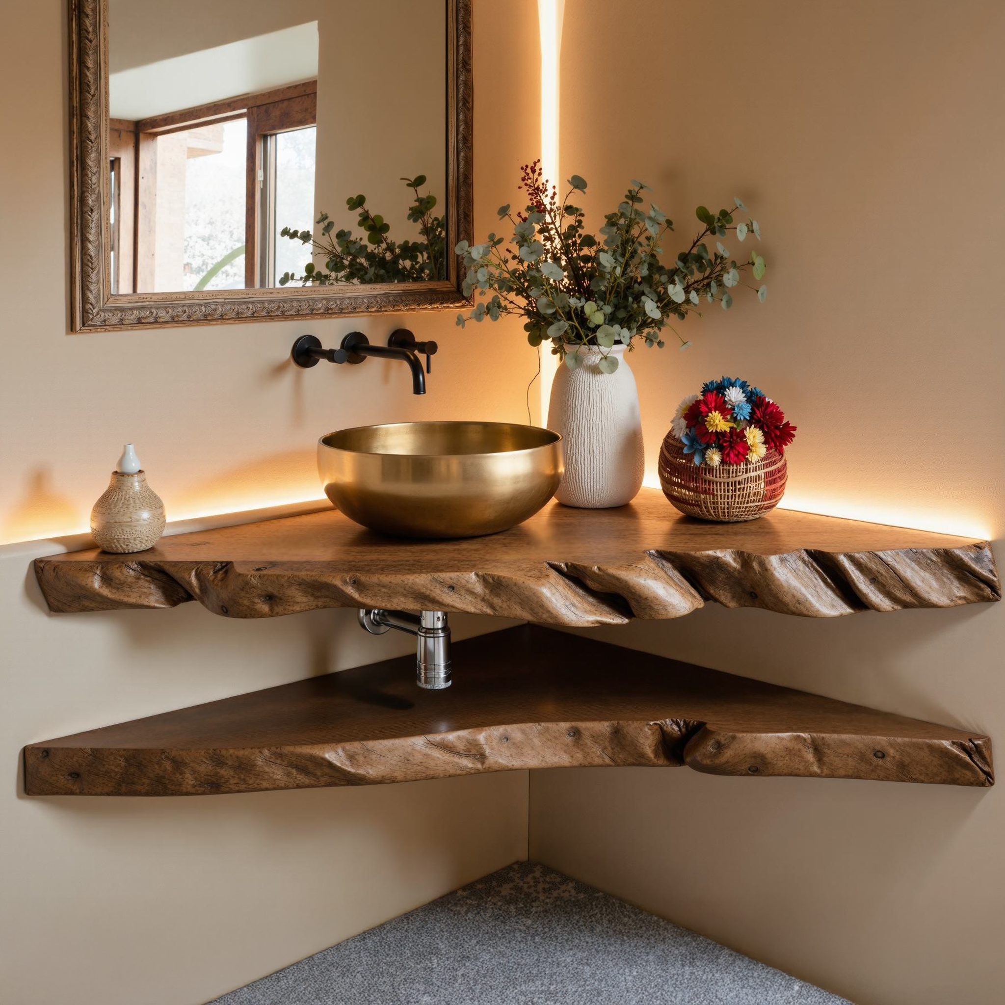 Floating Wood Corner Bathroom Sink Shelf SILDTBRV061