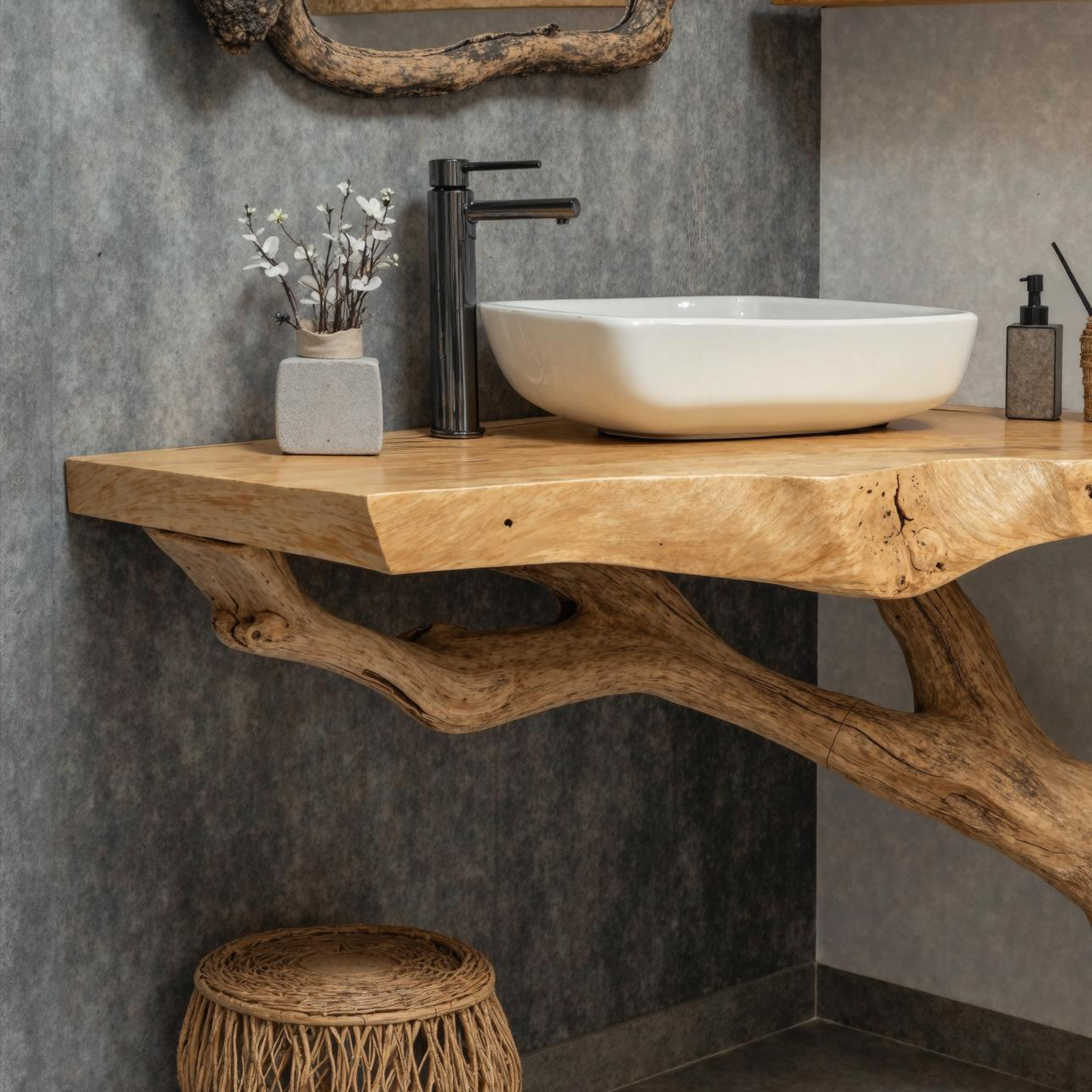 Rustic Modern Corner Bathroom Vanity With Handcrafted Wood Texture SILDTBRV173