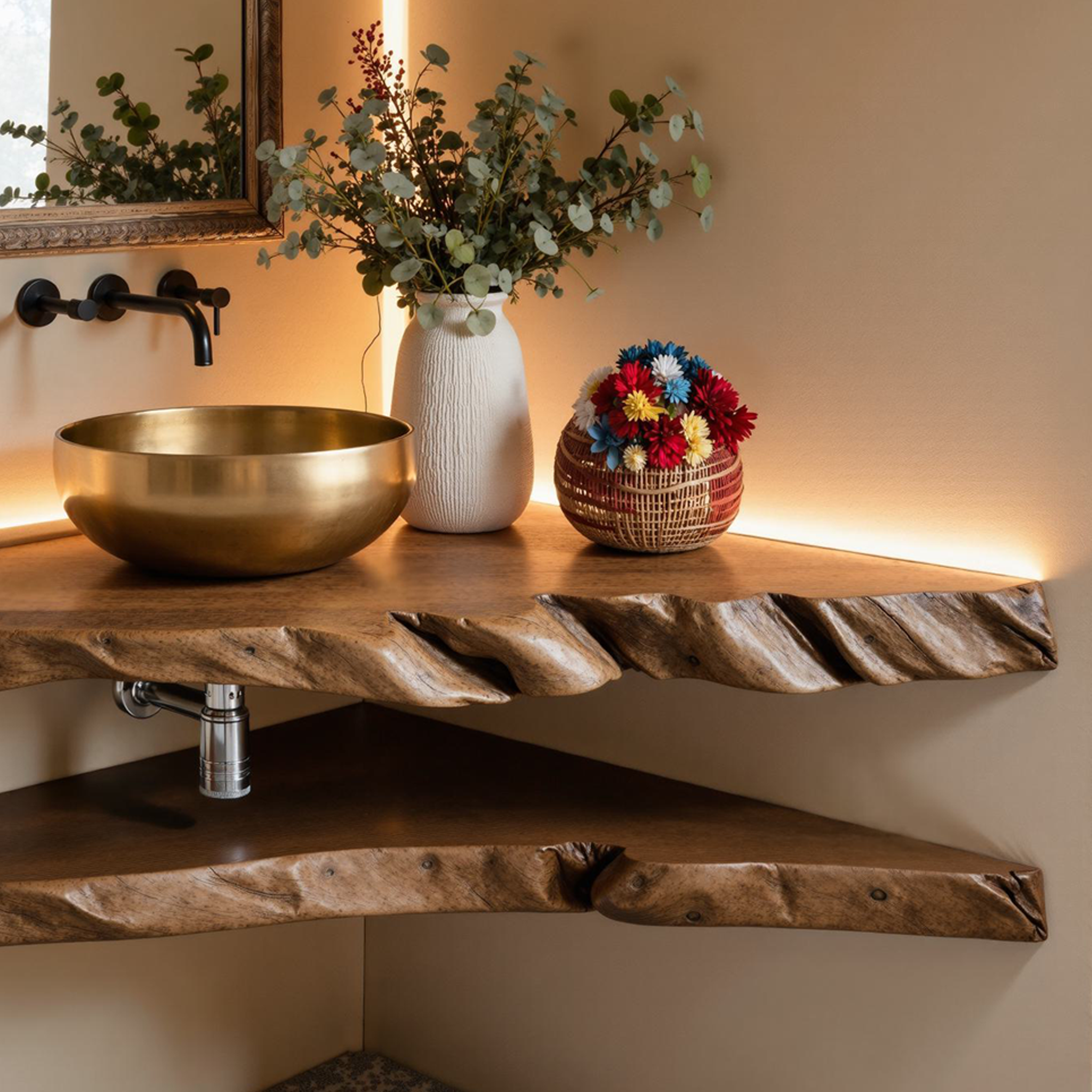 Floating Wood Corner Bathroom Sink Shelf SILDTBRV061