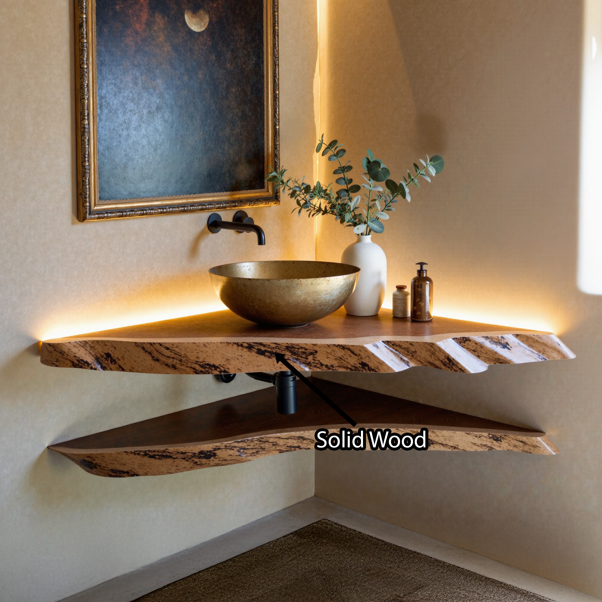 Natural Corner Bathroom Floating Wood Shelf SILDTBRV057