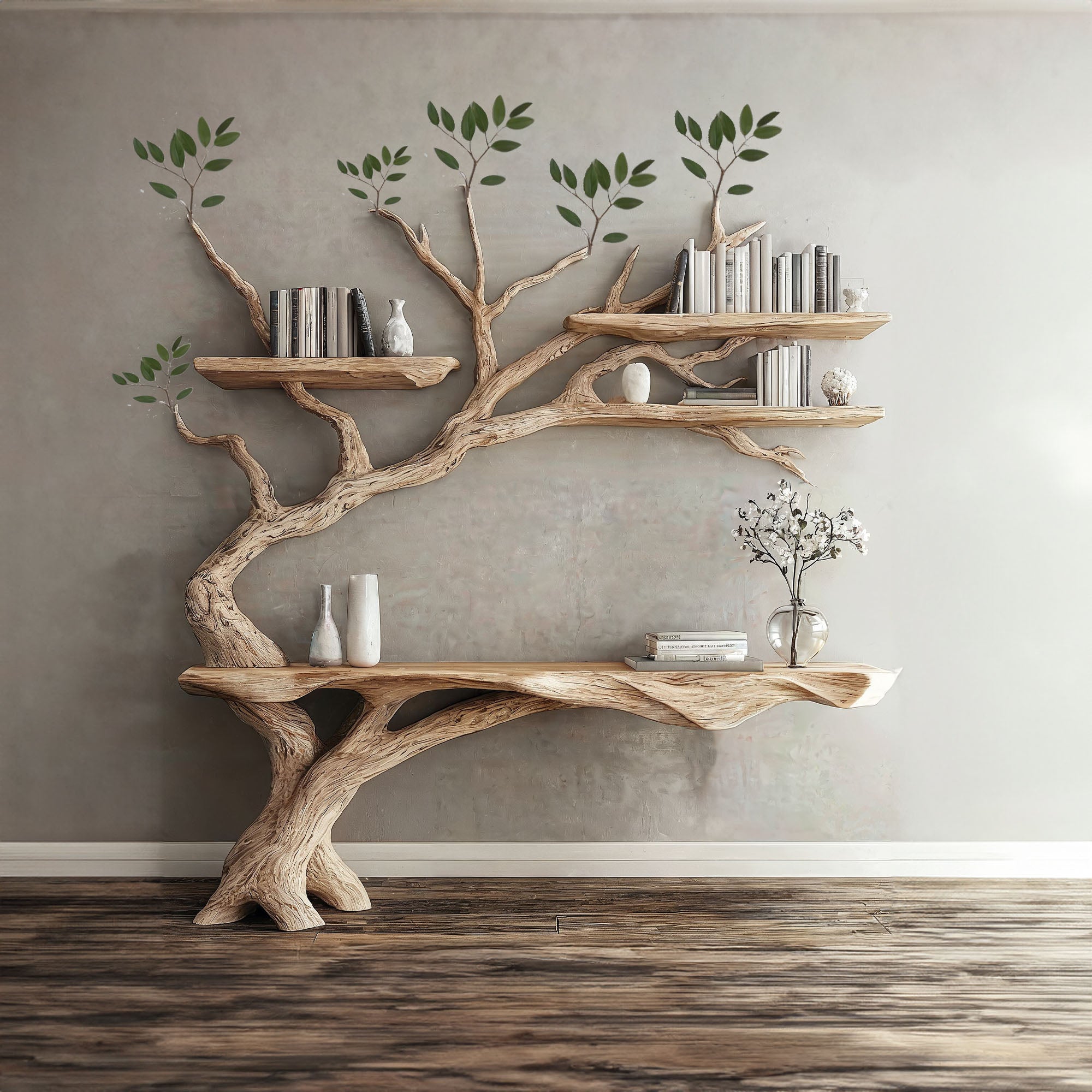 Rustic Console Narrow Table With Tree Branch Bookshelf SINLCS037