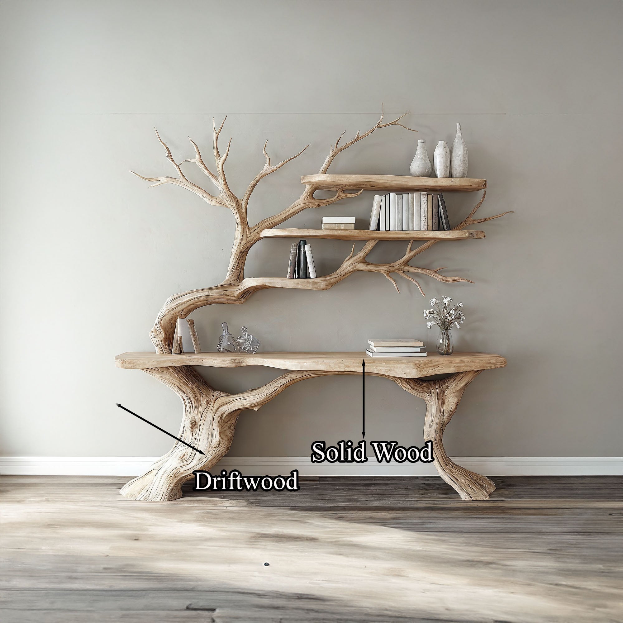 Handmade Rustic Natural Console Table With Tree Branch Bookshelf SINLCS038