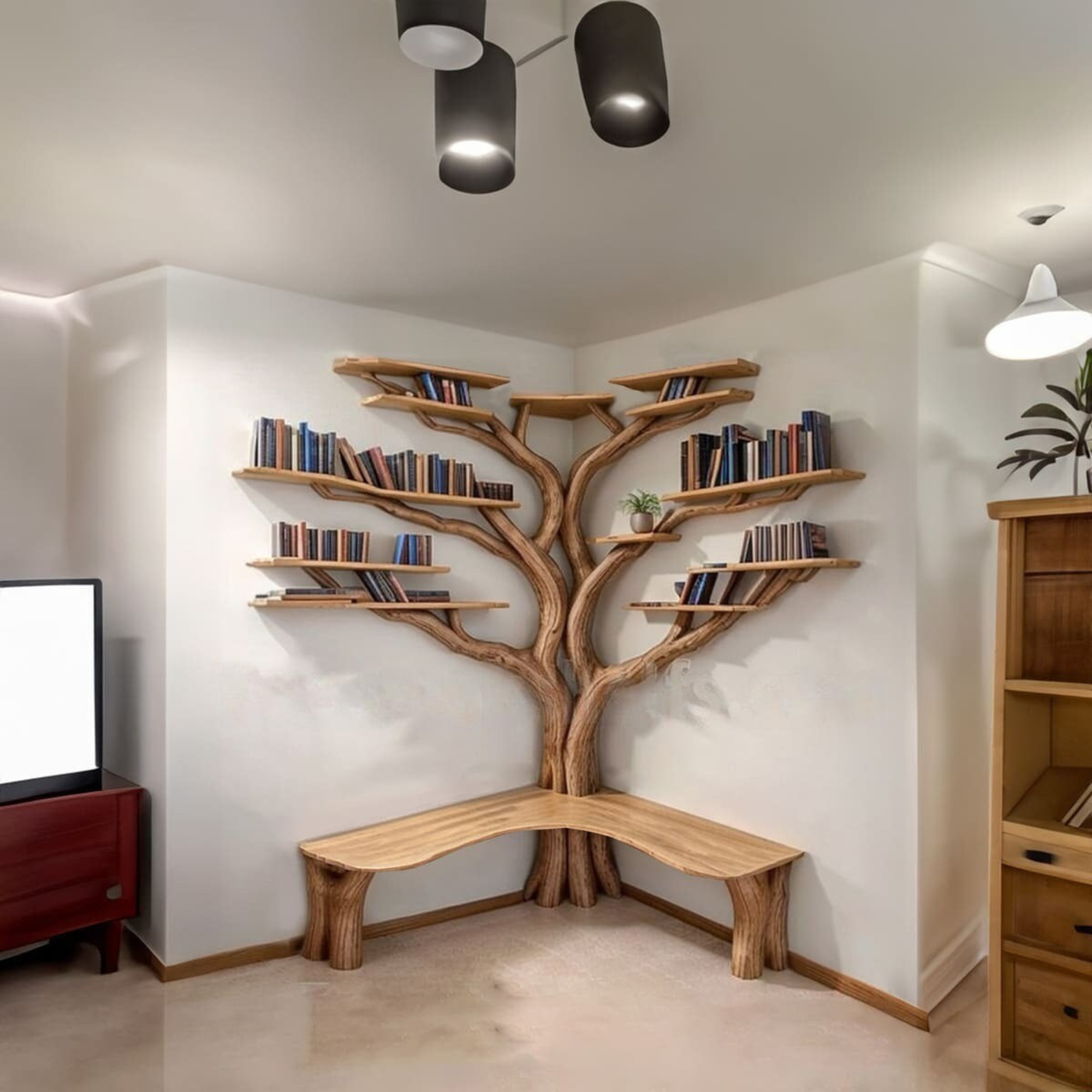 Tree Floating Corner Bookshelf With Corner Bench lshaped SINLTBS010