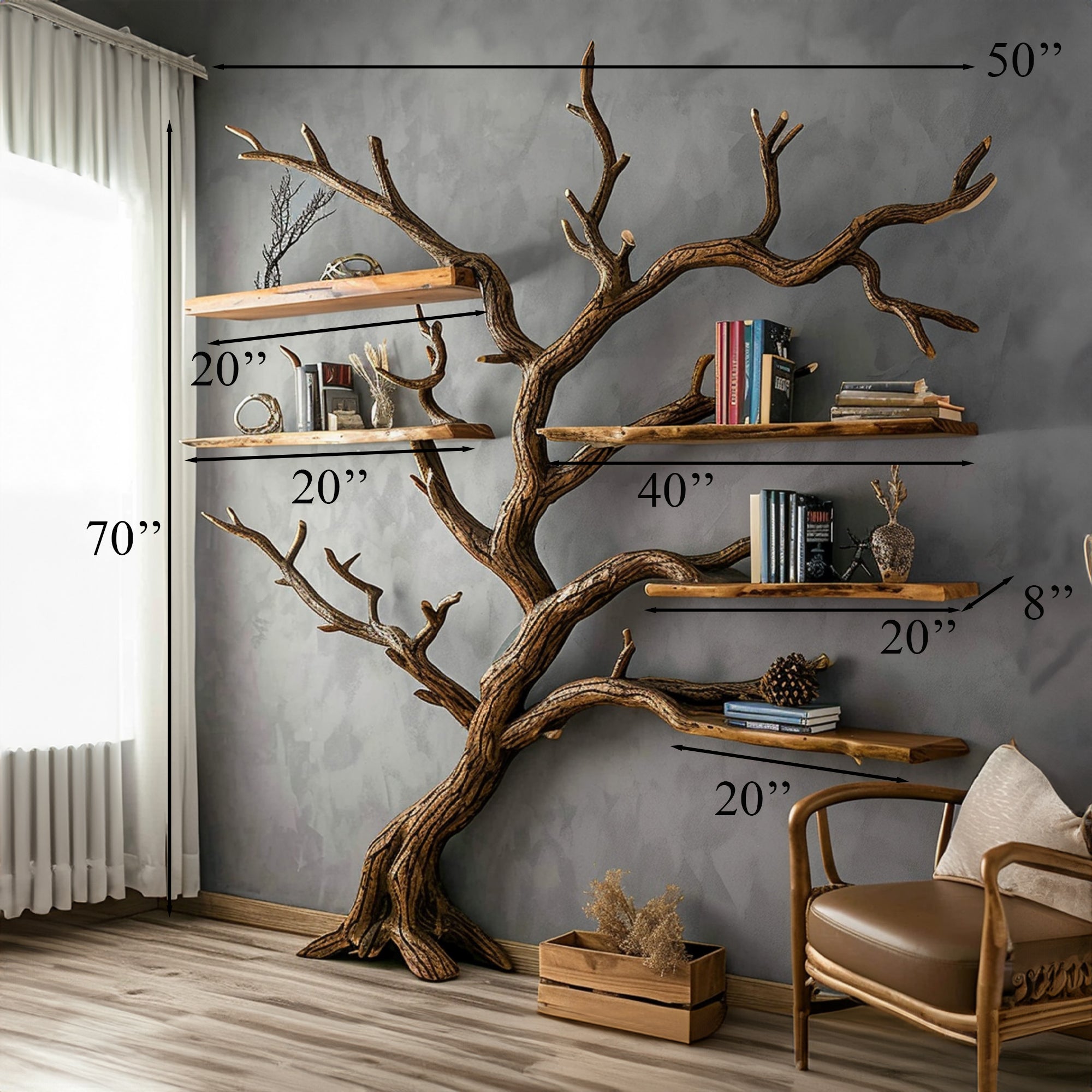 Tree Bookshelf Black Decor Wild Mulberry Solid Wood Carving Living Room Gift Her SINLTB002