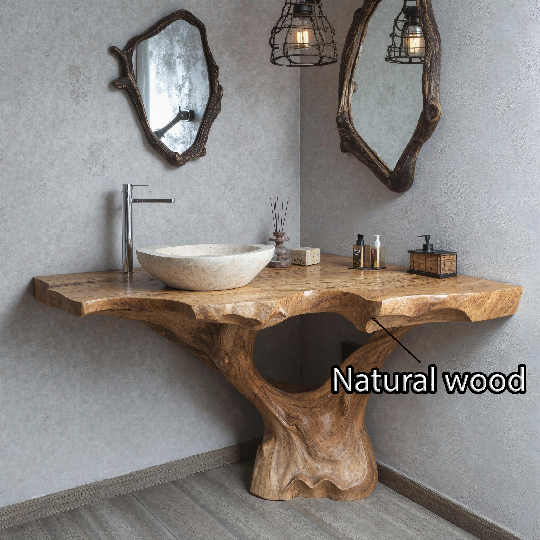 Handcrafted Natural Wood Corner Bathroom Vanity For Unique Interiors SILDTBRV163