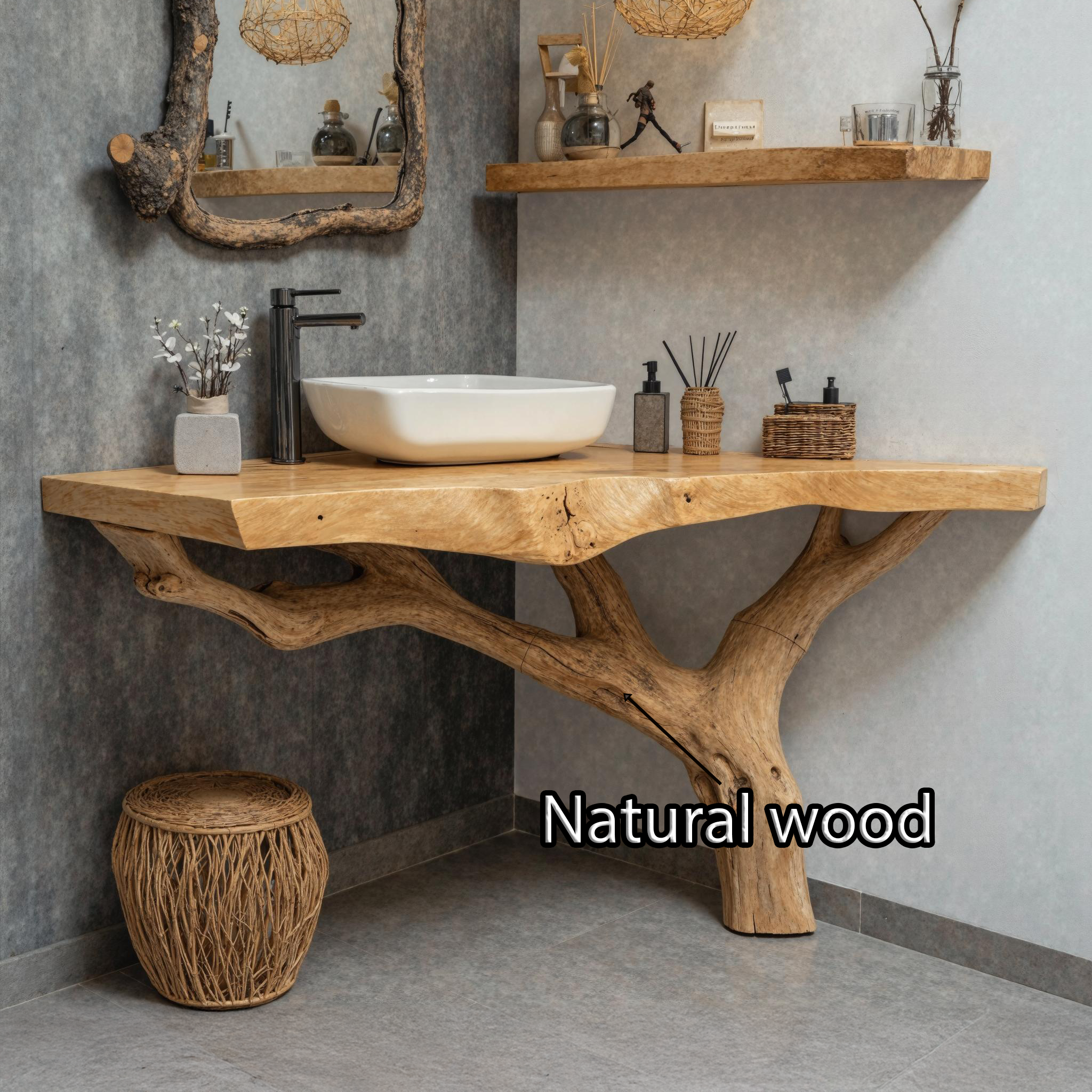 Rustic Modern Corner Bathroom Vanity With Handcrafted Wood Texture SILDTBRV173