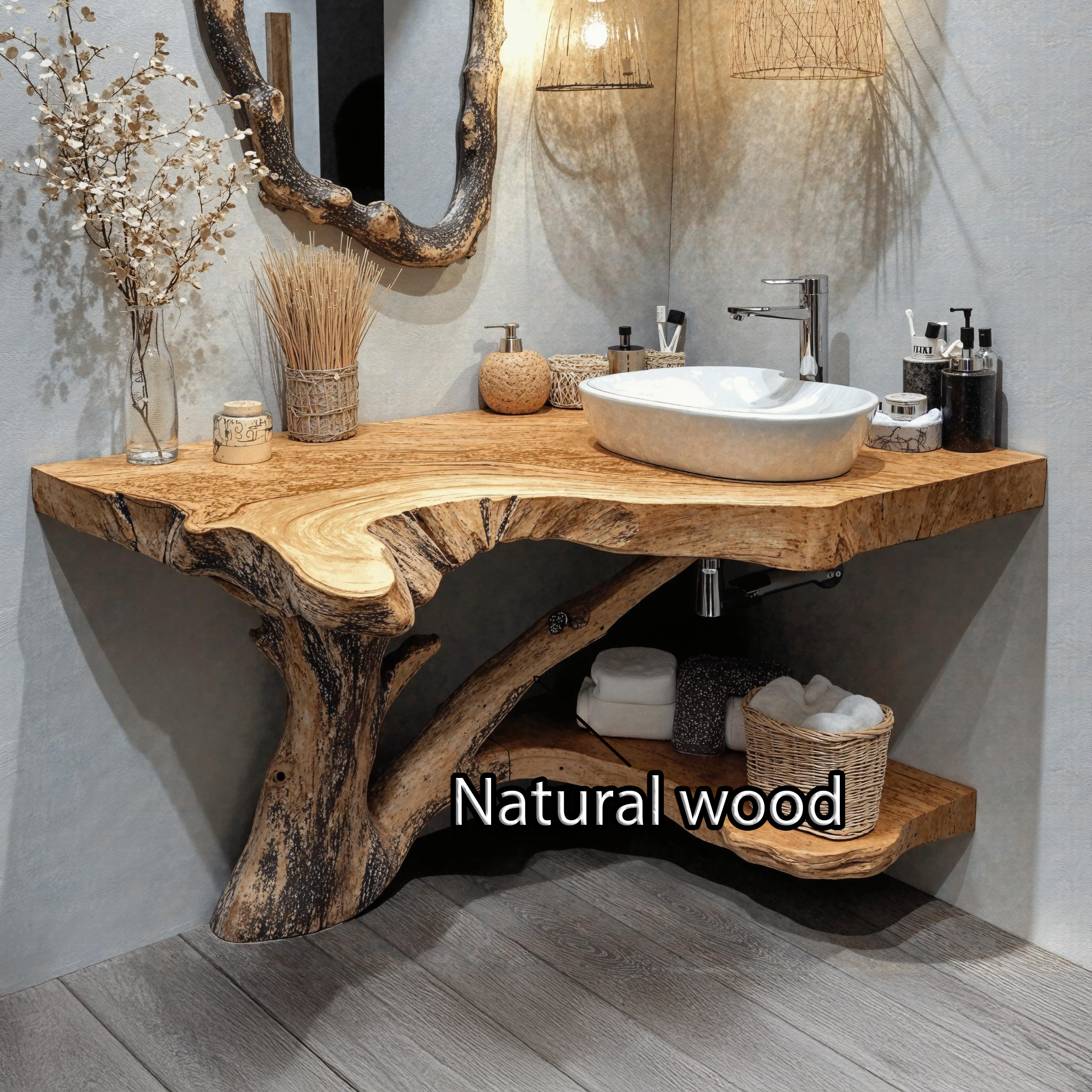 Natural Wood Corner Bathroom Vanity With Storage Underneath SILDTBRV174