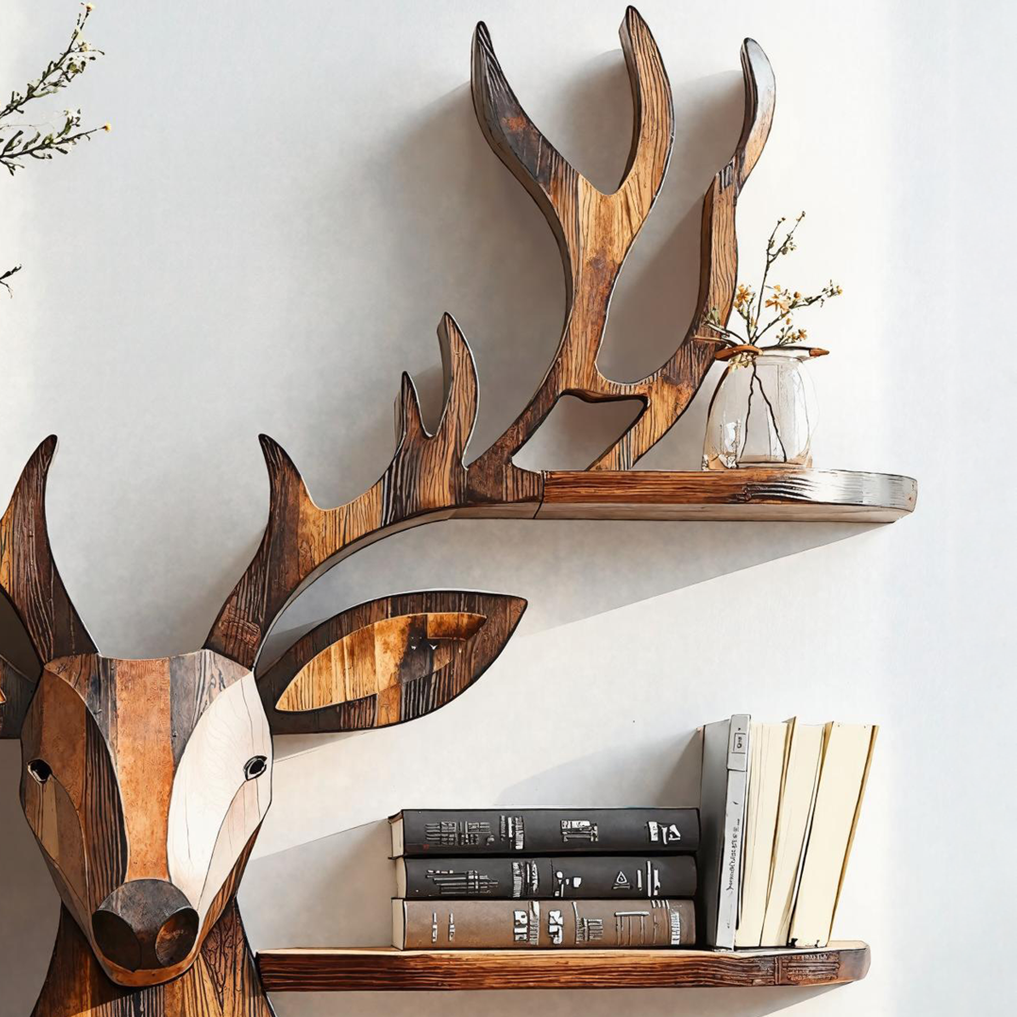 Rustic Handcrafted Wood Deer Shelf For Living Room Decor SILDTDE001