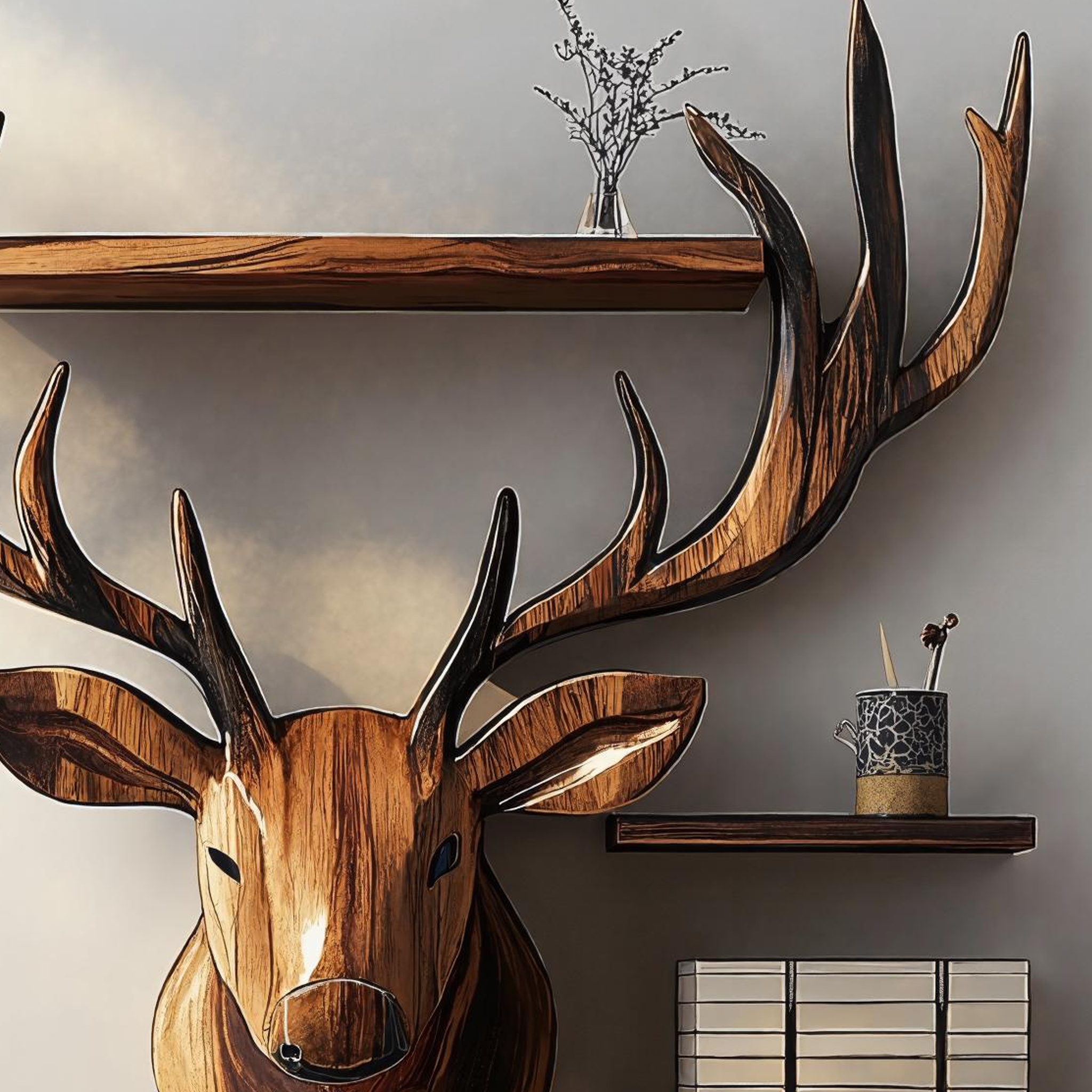 Unique Handcrafted Wood Deer Shelf For Living Room Wall SILDTDE011