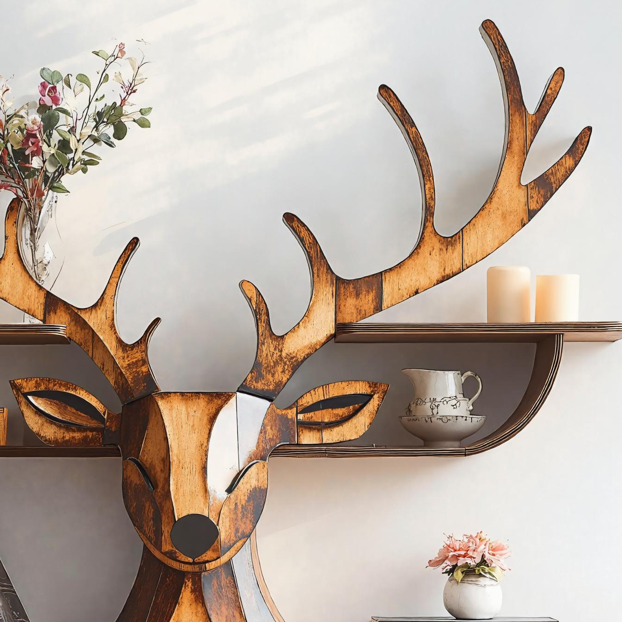 Farmhouse Style Wood Deer Shelf For Rustic Interiors SILDTDE003