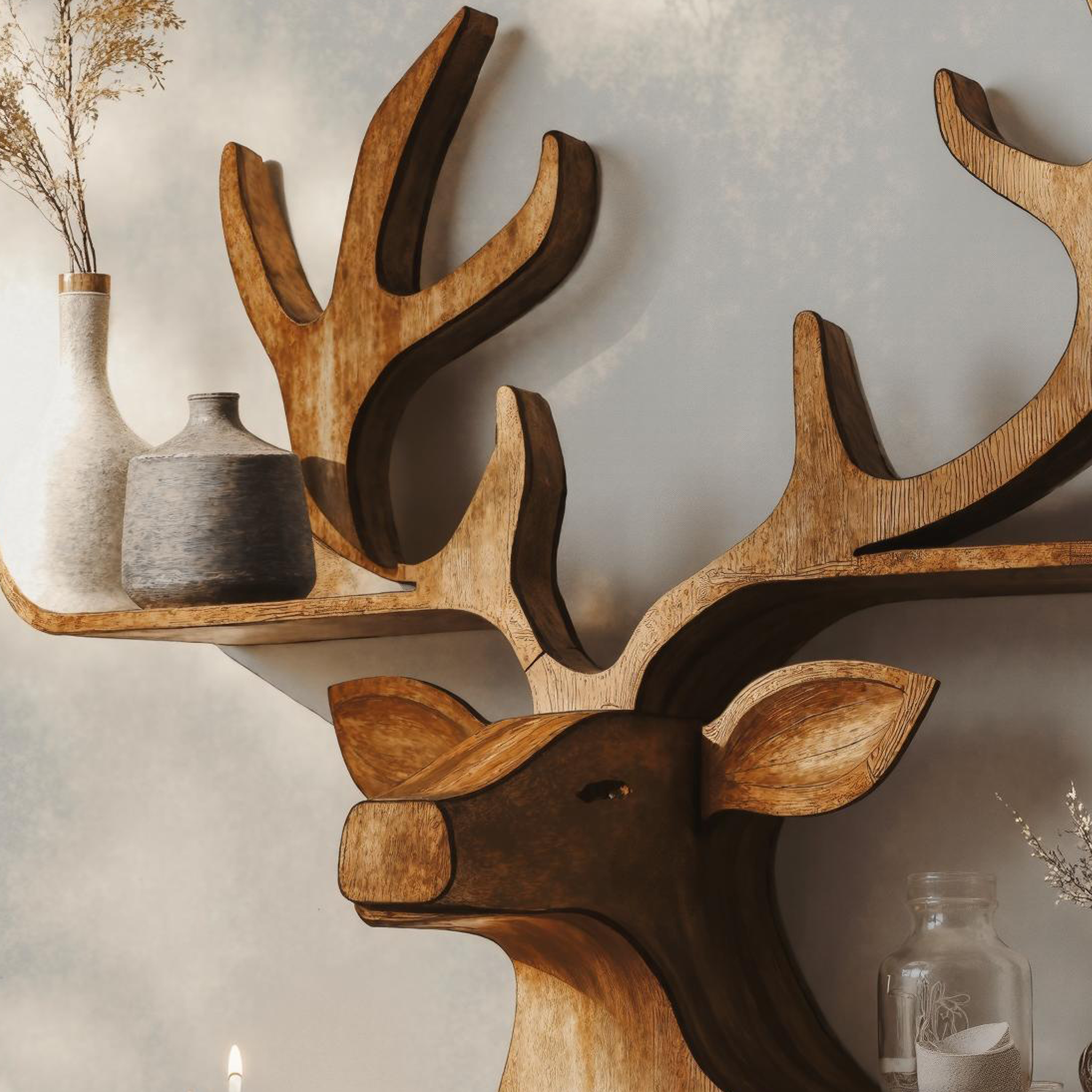 Farmhouse Wooden Deer Shelf For Rustic Wall Display SILDTDE013