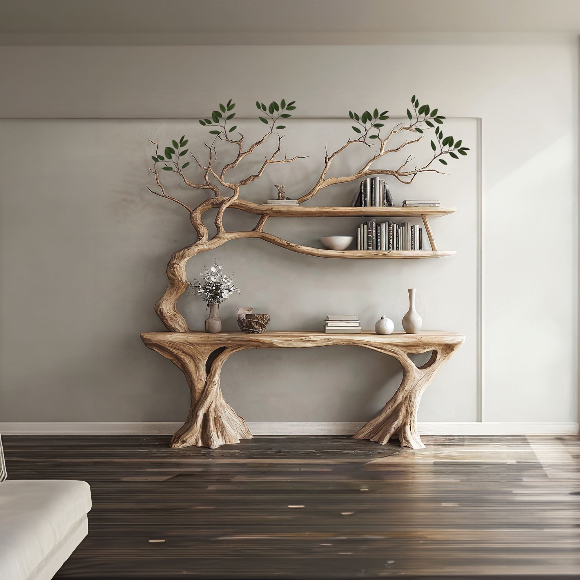 Console Narrow Table With Tree Branch Bookshelf SINLCS036