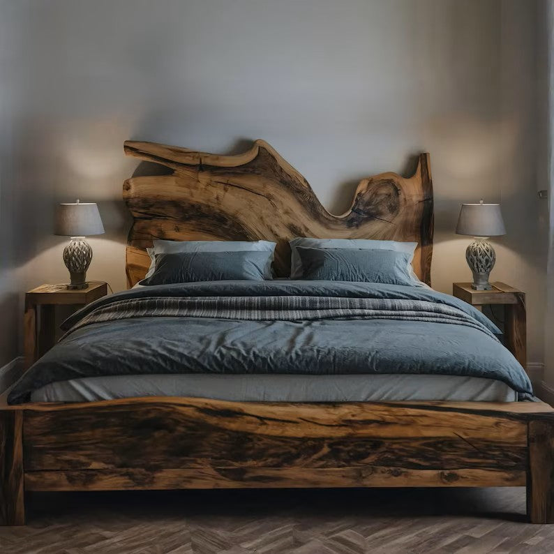 Handcrafted Natural Wood Bed With Live Edge Headboard For Elegant Bedroom Décor SITHHB001