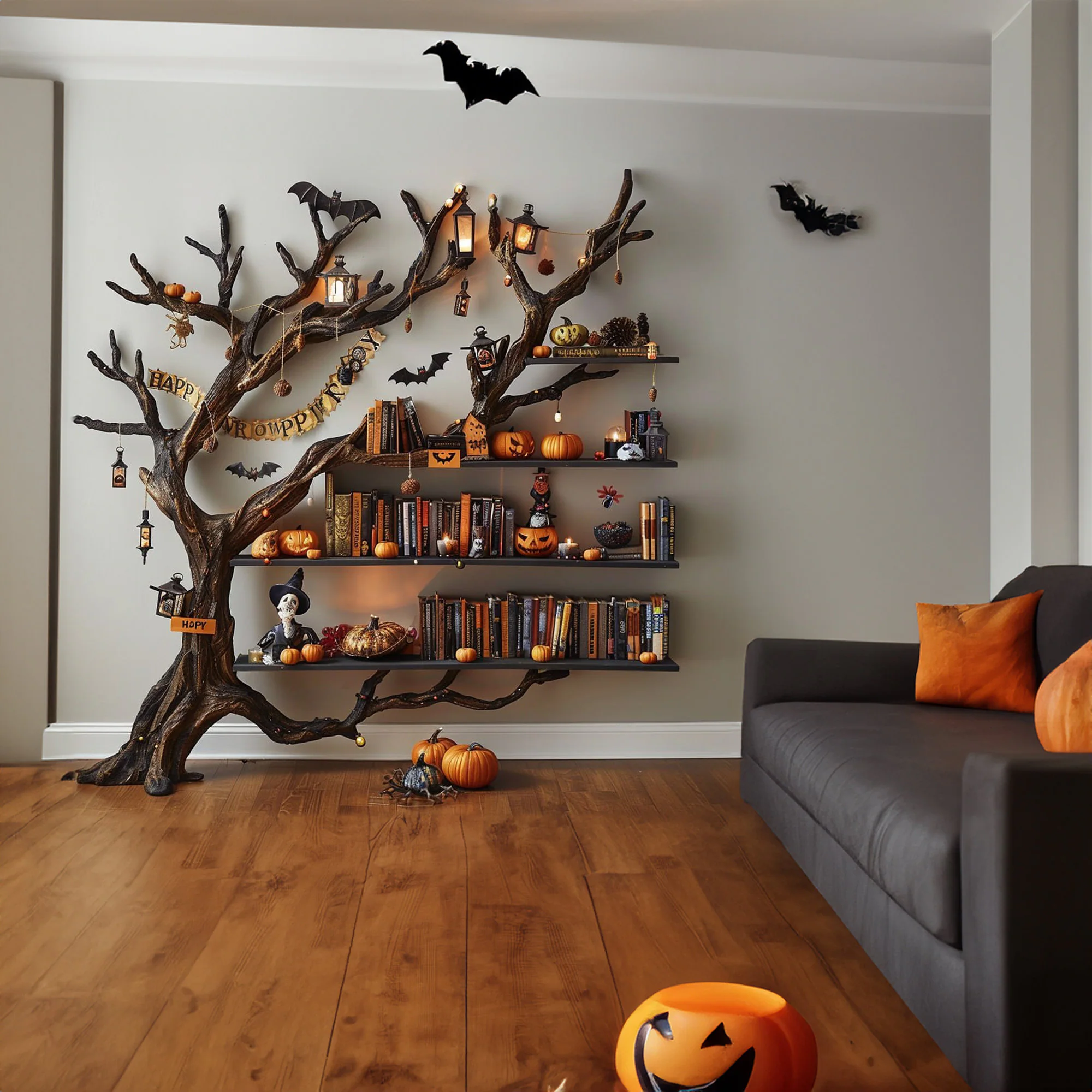 Tree Books Shelf Decor Halloween Solid Wood SINLHW001