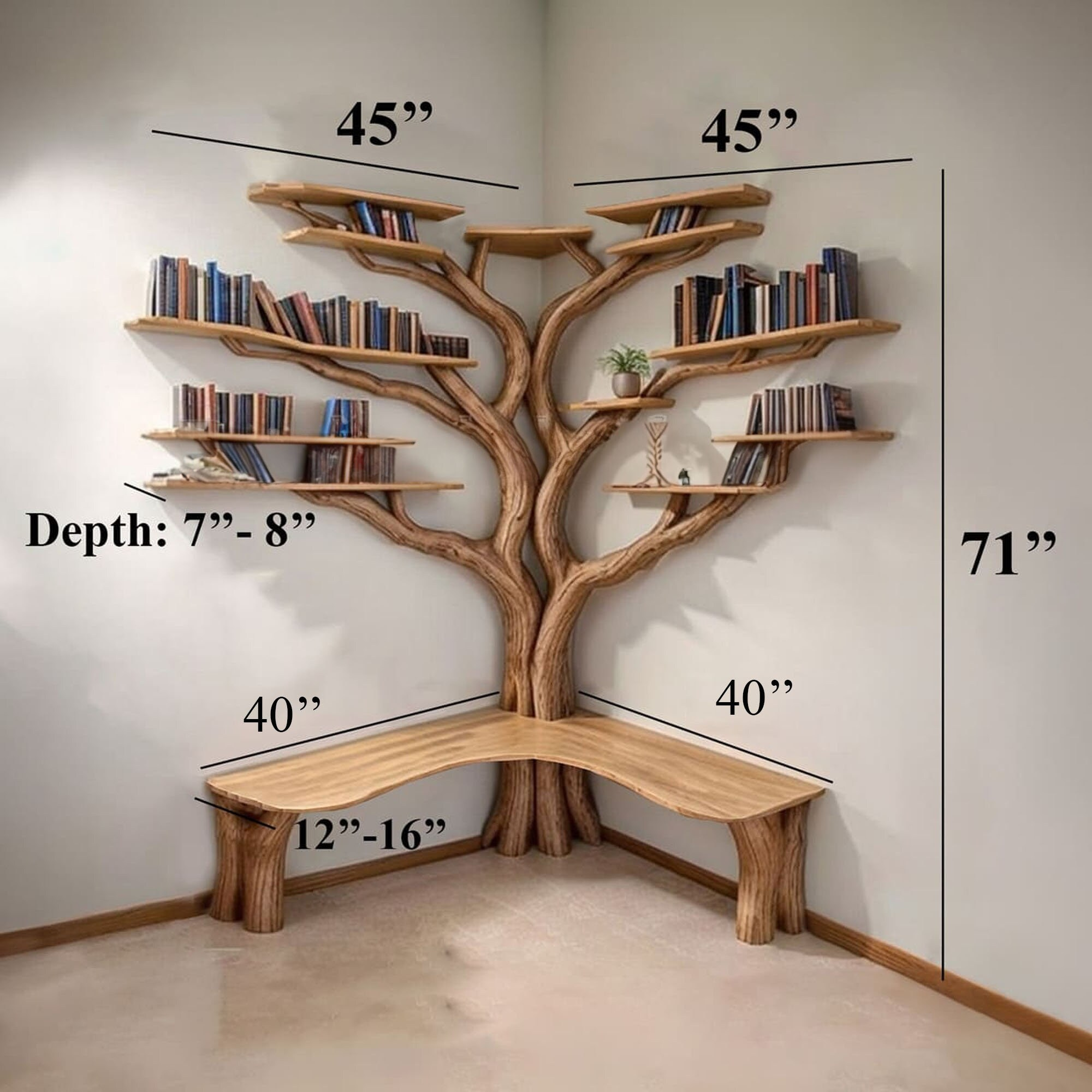 Tree Floating Corner Bookshelf With Corner Bench lshaped SINLTBS010