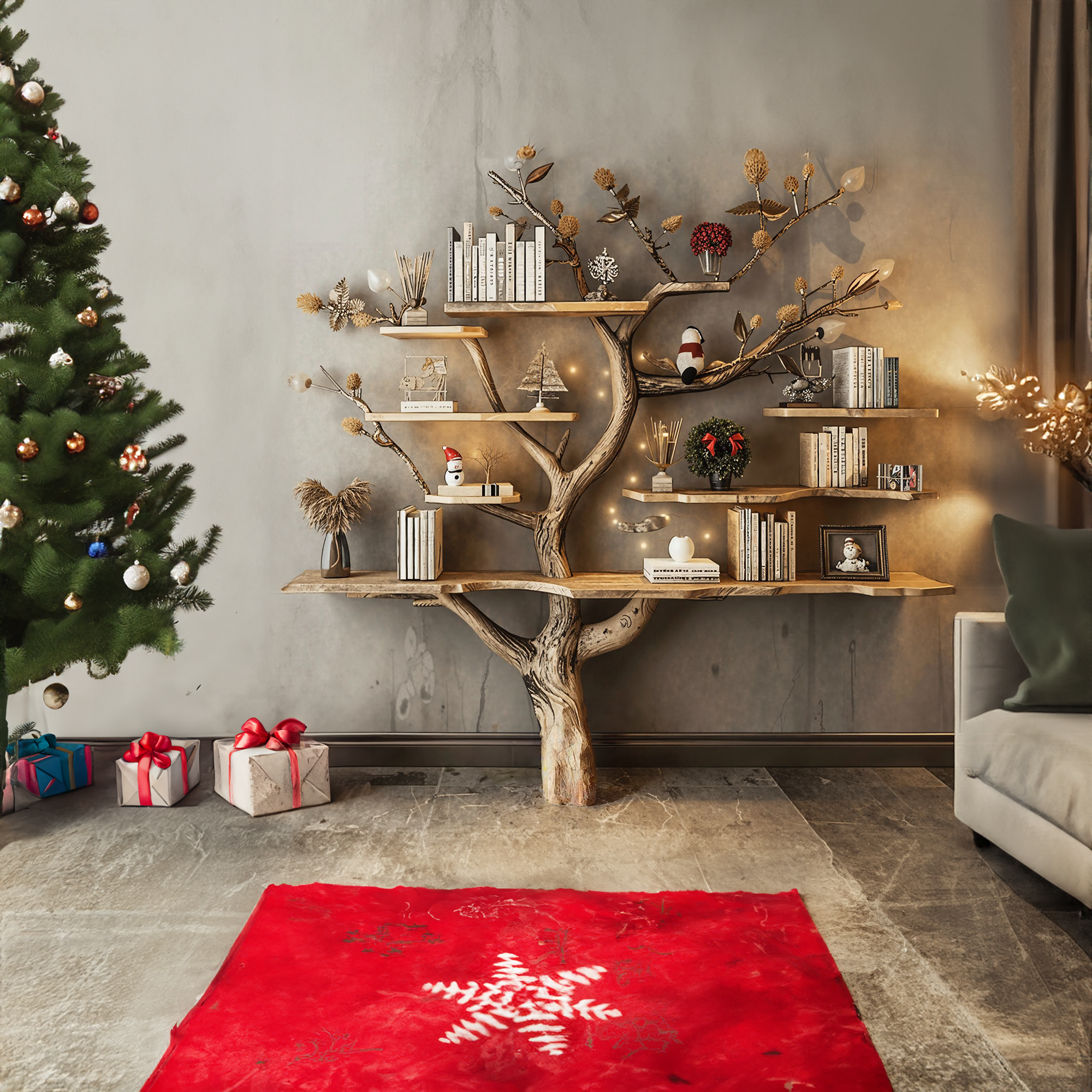 Rustic Console Table With Tree Branch Bookcase SINLCM012