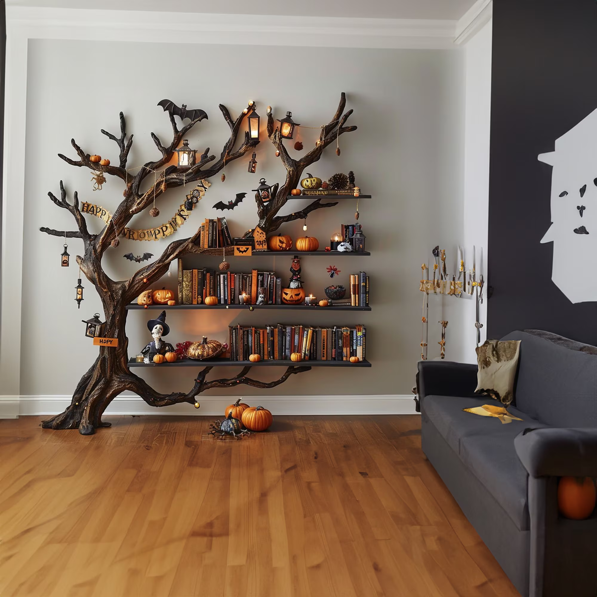 Tree Books Shelf Decor Halloween Solid Wood SINLHW001