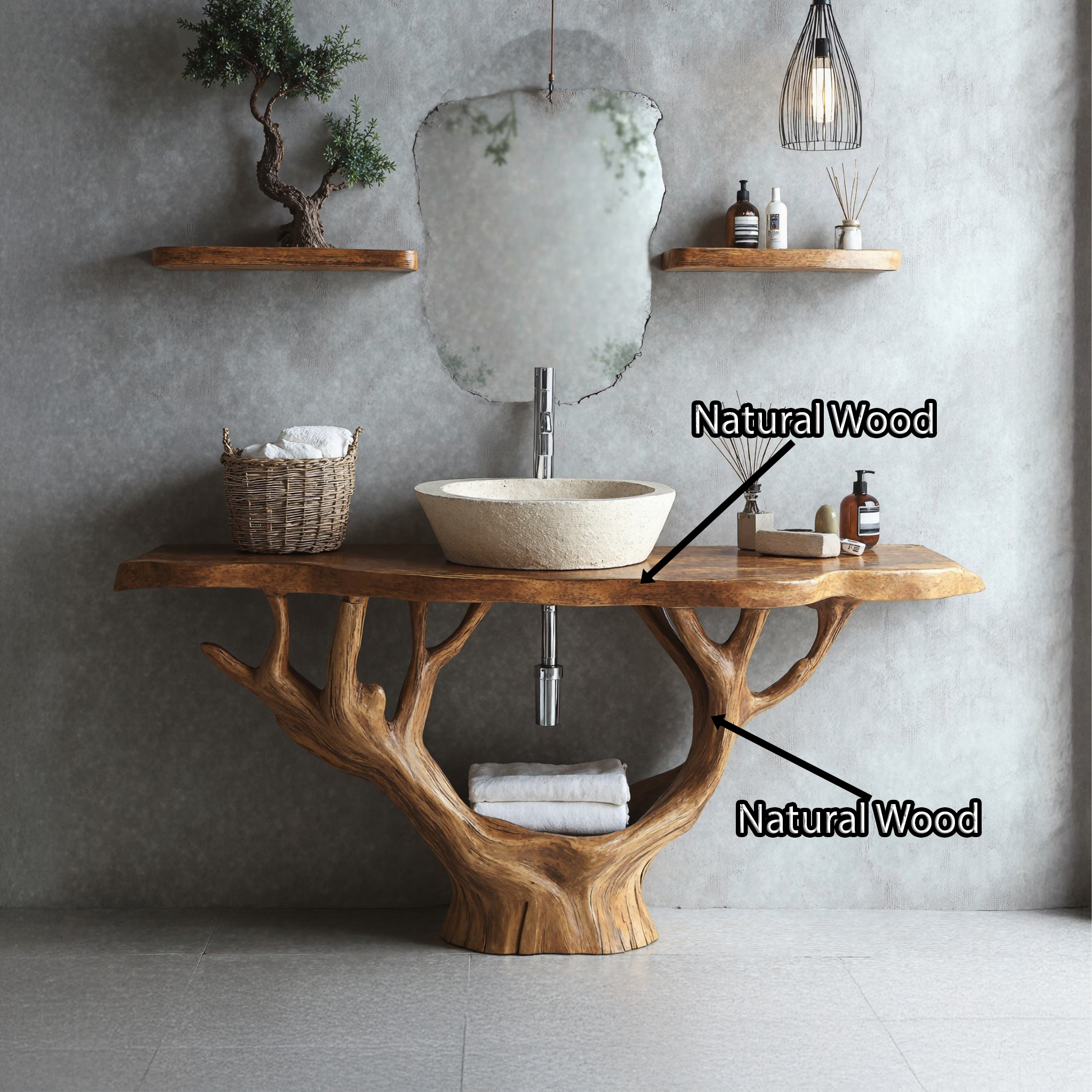 Minimalist Floating Vanity With Solid Wood Sink Design SILDTBRV097