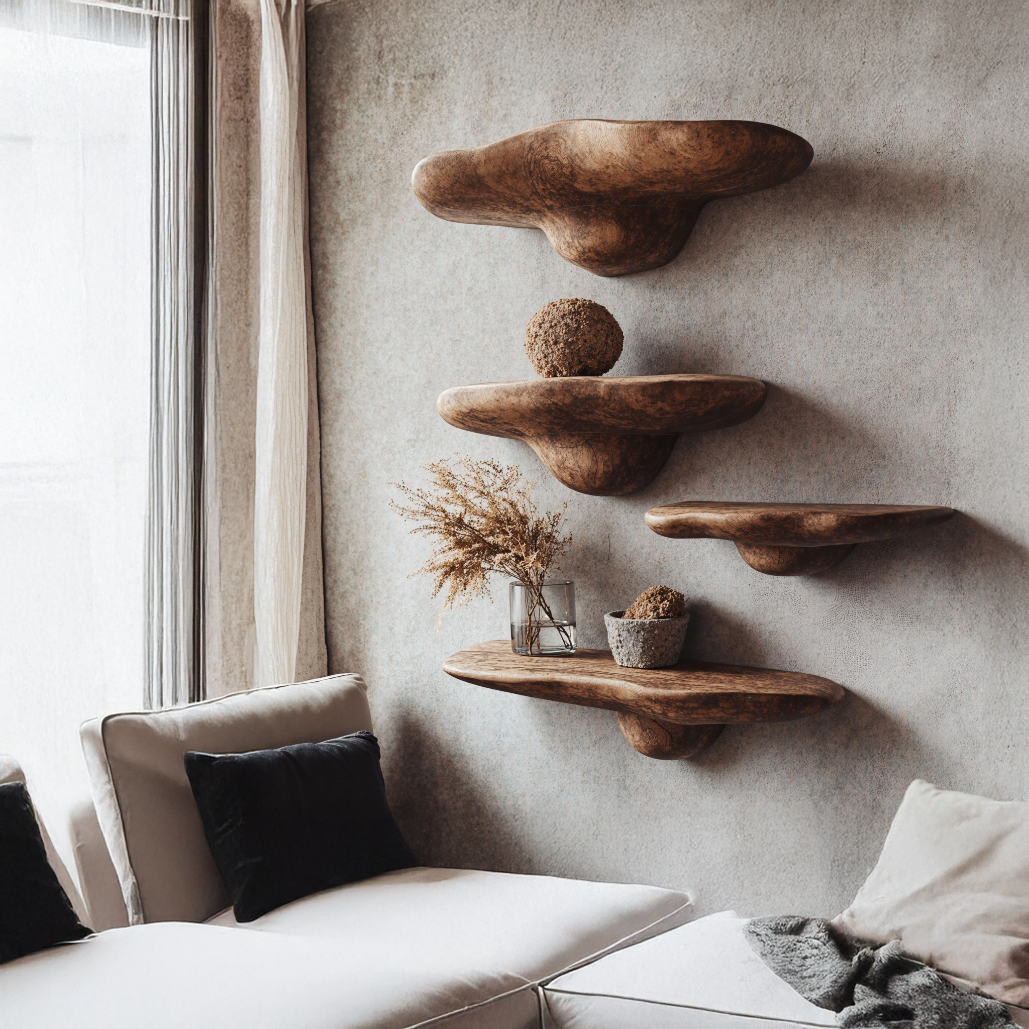 Natural Wood Mushroom Shelf With Floating Design SILDTMR016